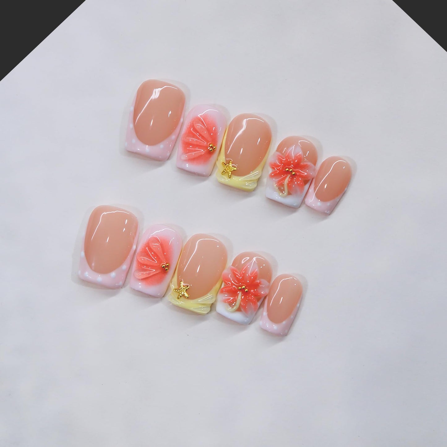 Spring Press On Nails MAGLFELL Handmade 10Pcs Short Fake Nails, 3D Carving Floral and Gold Plated Decoration Design, Reusable Acrylic Fingernail Salon Artificial Nails Kit (Size M)