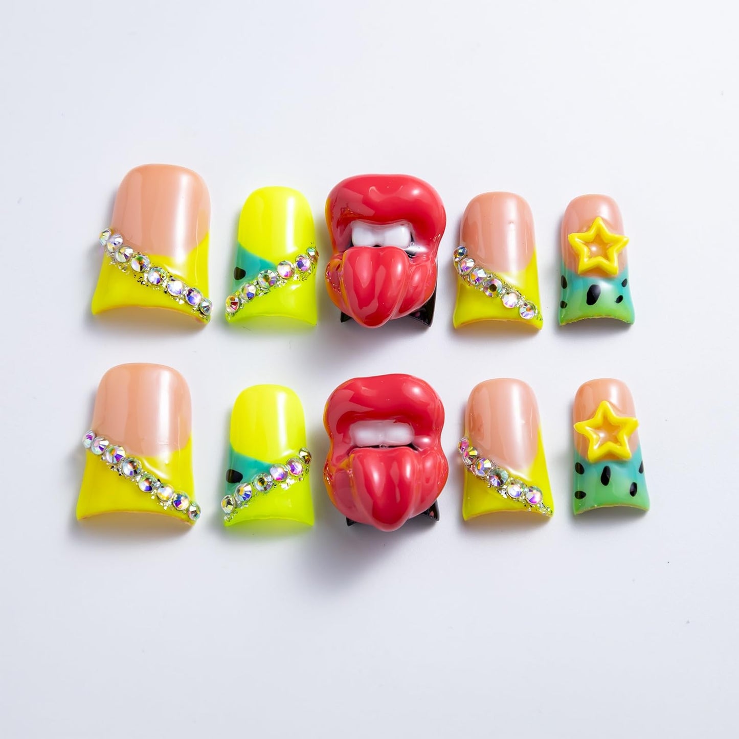 IntoVibes 10 Pieces Luxury Acrylic Press On Nails Short Handmade Duck Nails, Thickened False French Nails, Rhinestones, Yellow Star And 3D Red Lips, Reusable Fake Nails, Acrylic Nails (L)