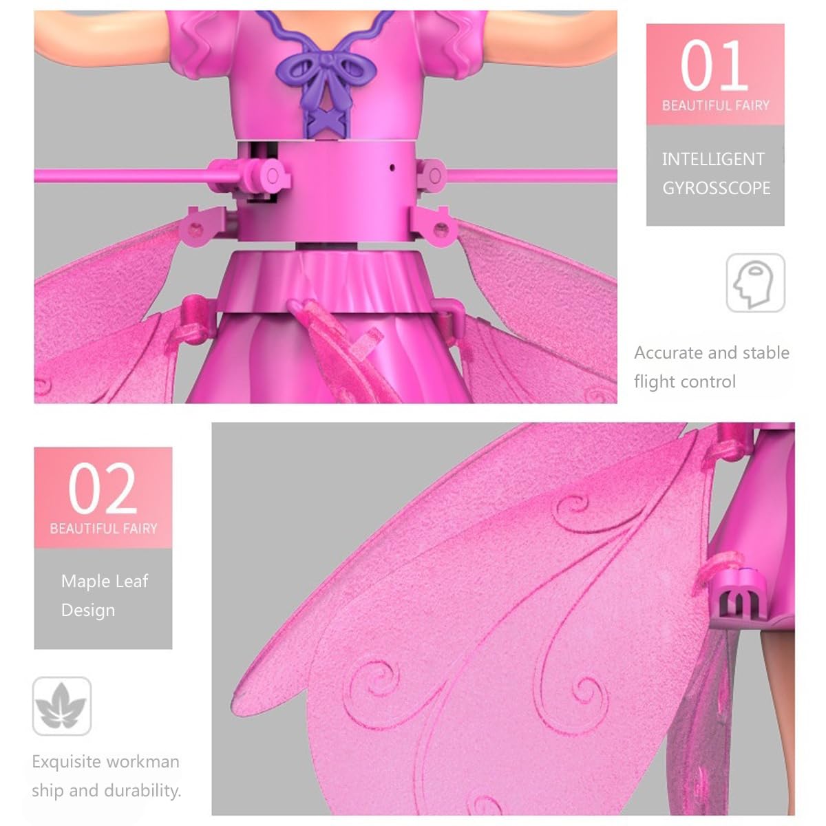 HENRYZH Remote Control Flying Doll Hand Gesture Sensing Flying Device Dancing Robot Princess with Crystal Wings 360 ° Free Rotating Robot Toy (Pink)