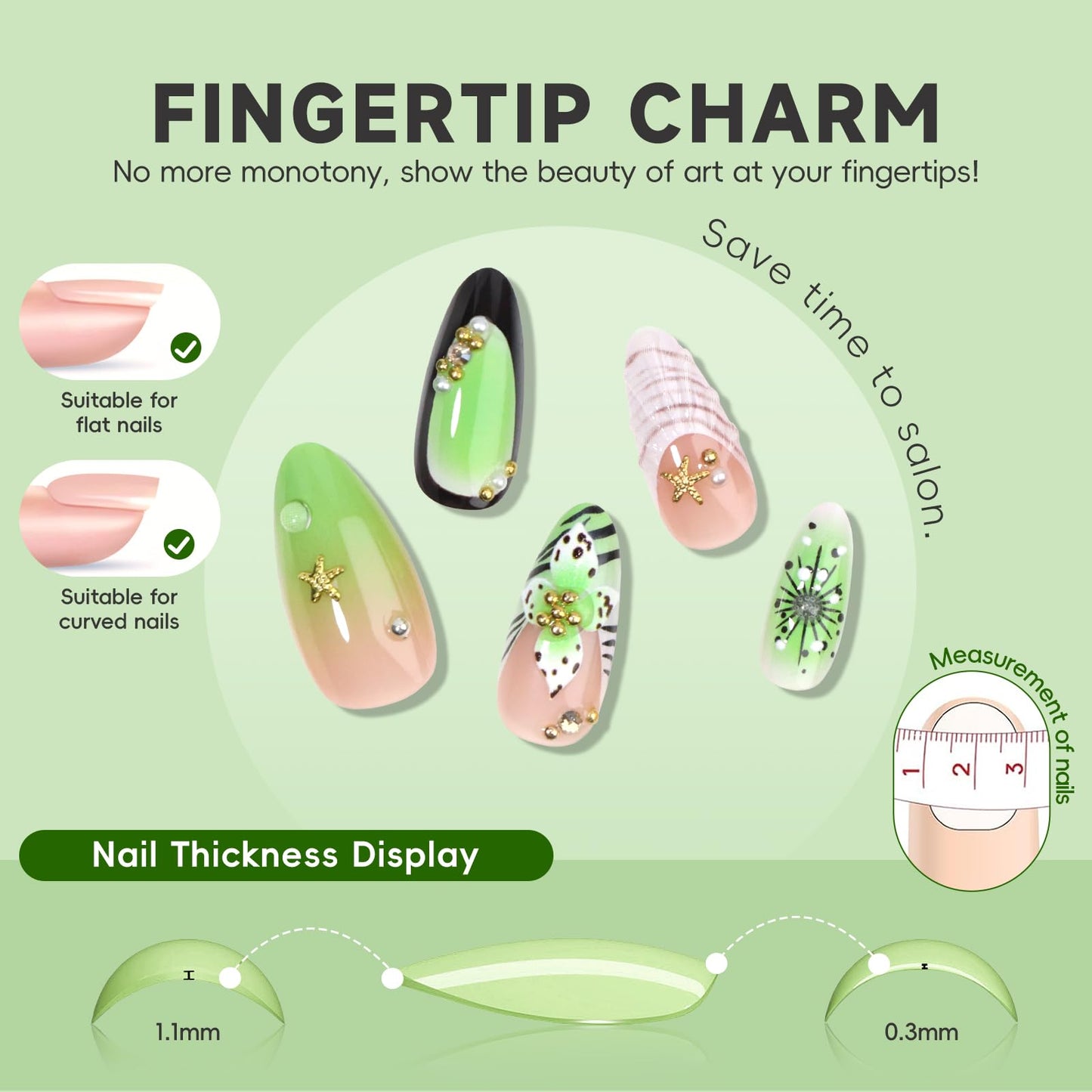 HOSAILY Green Flower Press on Nails Medium Almond, 3D Spring Summer Beach Tropical Floral Rhinestone Pearl False Nails for Women, 24Pcs Glossy Full Cover Stick on Starfish French Tip Nails with Glue