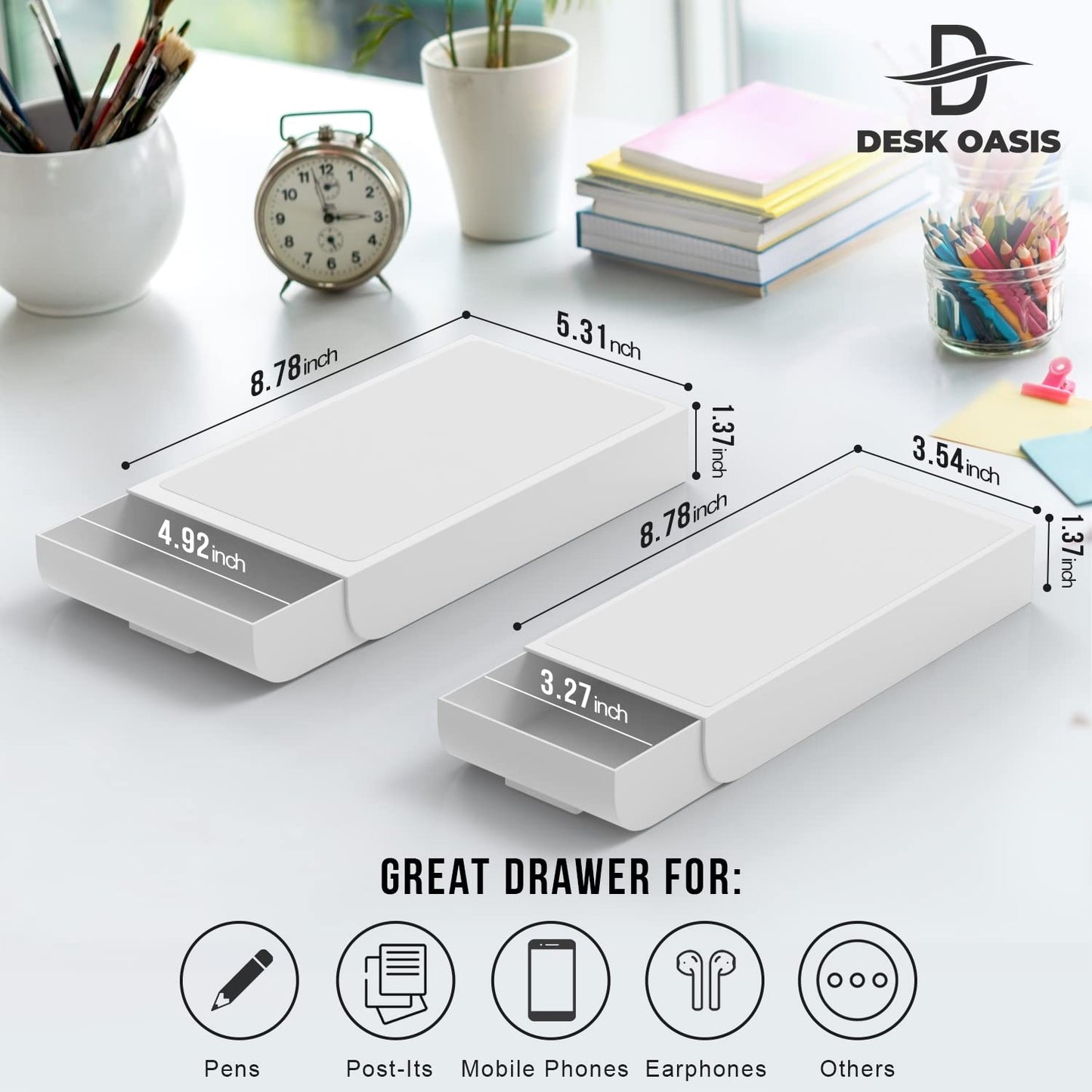 Desk Oasis 2 Pack Under Desk Drawer Organizer, Slide Out Storage for Pens, Cables & Office Accessories with Self Adhesive, No Drill Installation, Hidden Desk Storage for Office and Home