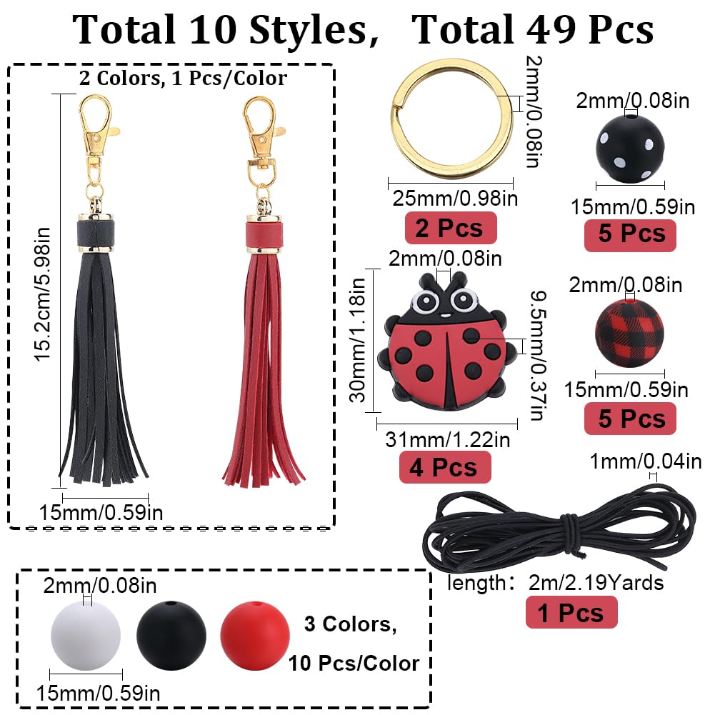 SUNNYCLUE Ladybug Silicone Beads Keychain Making Kit Ladybird Silicone Focal Beads Insect 15mm Round Black Red Beads Bulk PU Leather Tassels Key Chain Split Rings for Key Chains Making Supplies