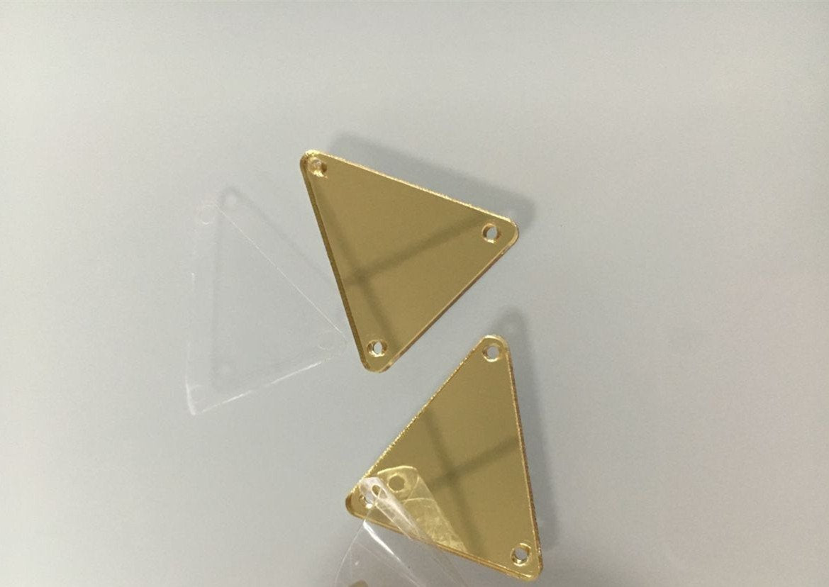 50PCS Sew on Triangle Mirror Piece, DIY Mirrored Rhinestones for Costume Evening Dresses Cloth Garment Decoration Accessory (2x2cm, Gold)