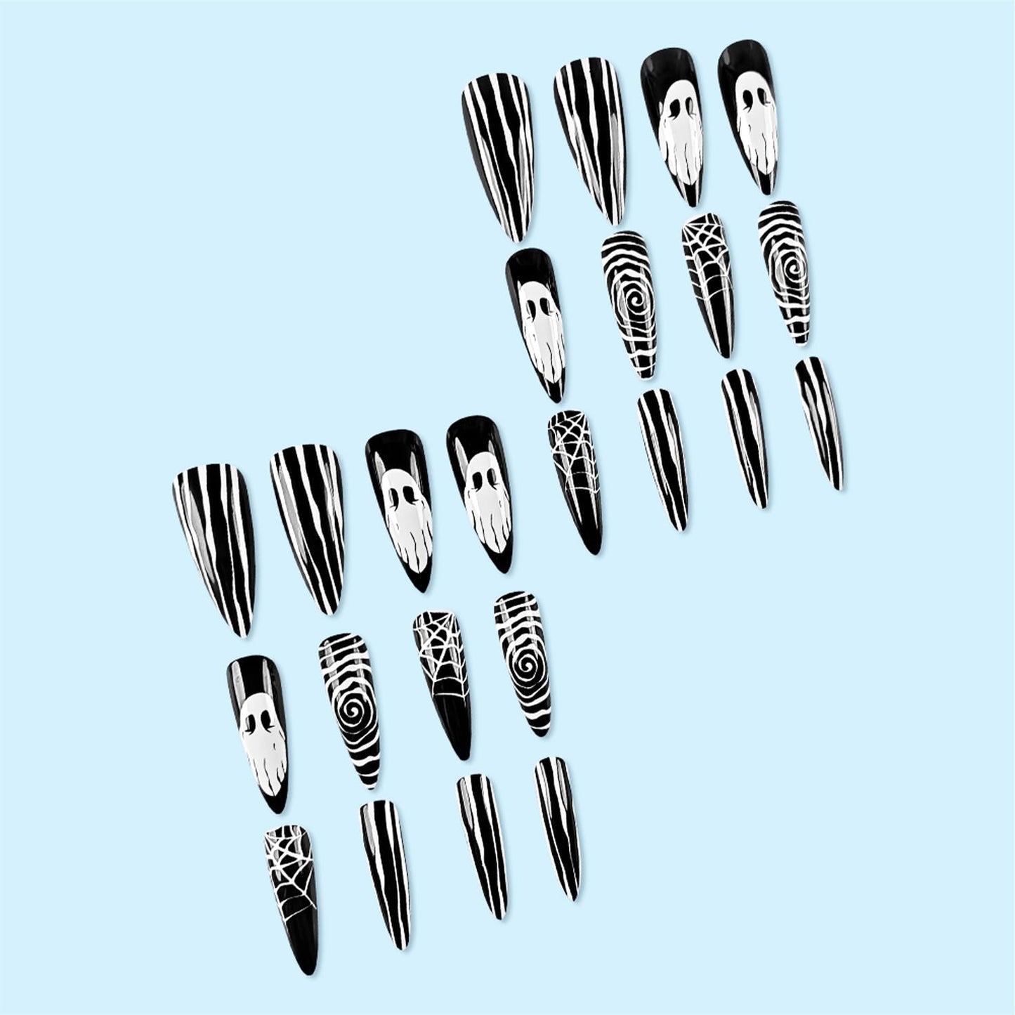 24pcs Halloween Press on Nails Long Almond Fake Nails with Designs White Ghost False Nails Kit Spider Web Glue on Nails Black Full Cover Stick on Nails for Women Holiday Nail Art Decoration