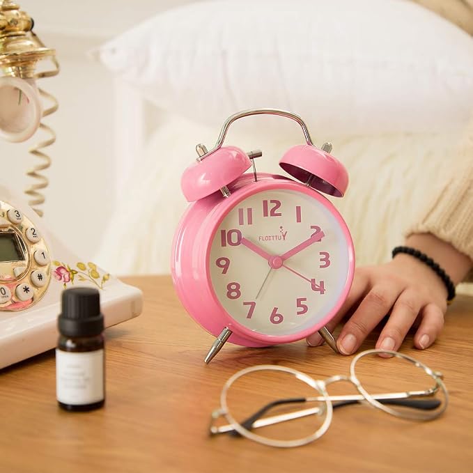 FLOITTUY {Loud Alarm for Deep Sleepers) 4'' Twin Bell Alarm Clock with Backlight for Bedroom and Home Decoration(Pink)
