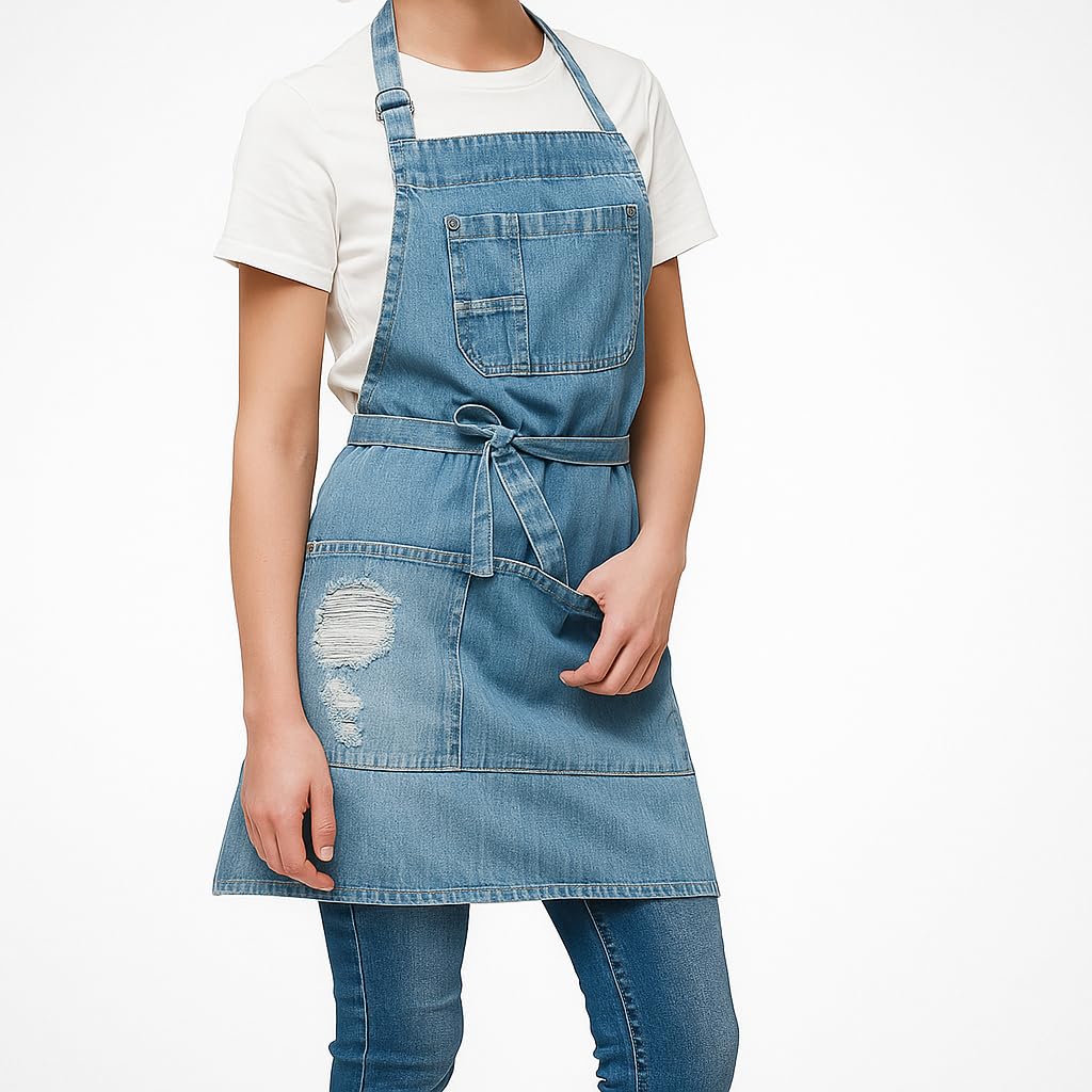 Jowcud Denim Apron With 5 Pockets for Cooking Kitchens,Hairstylist Aprons for Women Men,Adjustable Bib Jean Apron for Arts Gardening Cafes Bars Work