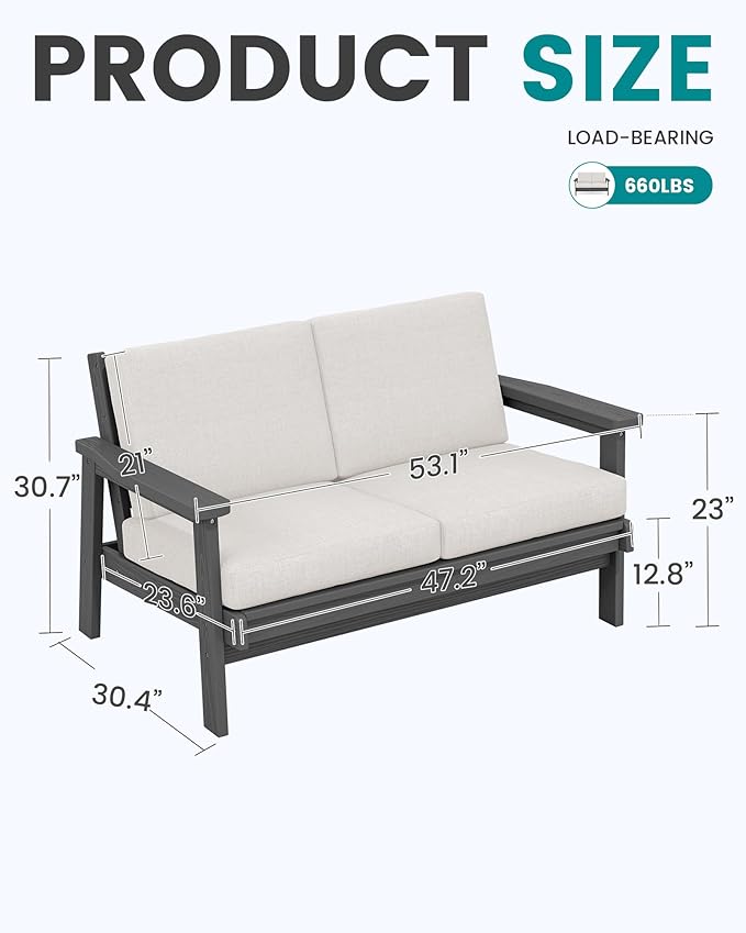 SERWALL Patio Furniture Set with 33” Fire Pit Table, HDPE Outdoor Sectional Sofa Set with Thickened Cushions, Grey Frame with Khaki Cushions