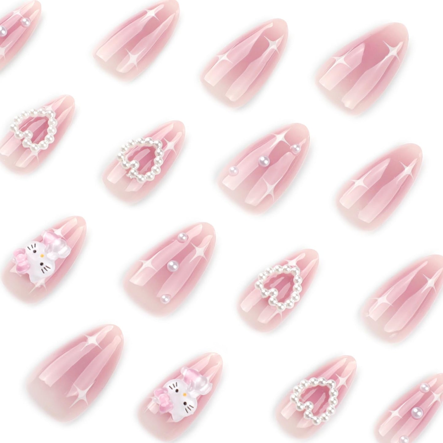 24Pcs Pink Press on Nails Medium Almond Fake Nails Charms Pearl Design French Nails 3D Bow Heart False Nails Tips Cute Star Stick on Nails Full Cover Artificial Acrylic Nails for Women Decor