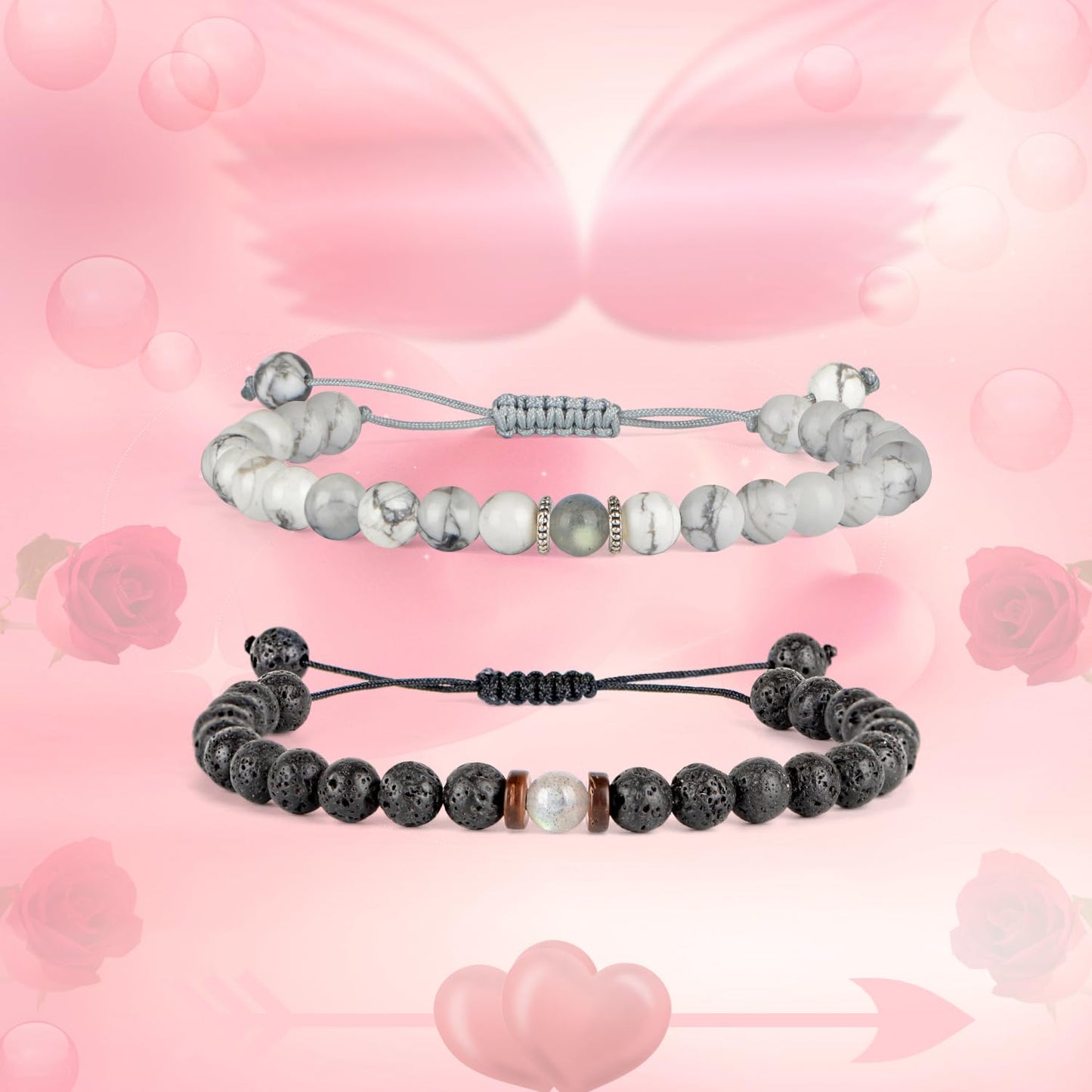 QOGIR Matching Couples Bracelets Natural White Howlite Black Lava Adjustable String Bracelet