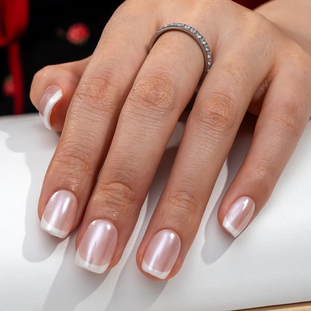 Curvlife Press On Nails Short Square White - Pearl French Tip Press on Nails with Glue, Glossy Nude White Pearl French Fake Nails Long Lasting False Nail Tips for Women
