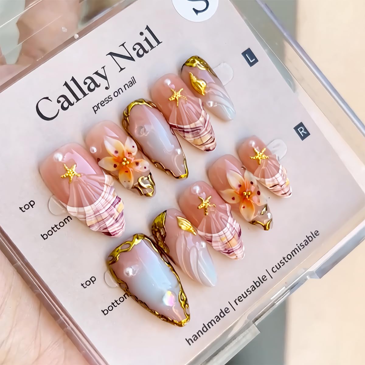 30Pcs Almond Press on Nails Medium Summer Fake Nails with 3D Gold Lines Starfish Shell Rhinestones Design Handmade False Nails Tropical Flower Glue on Nails Cute French Tip Acrylic Nails for Women