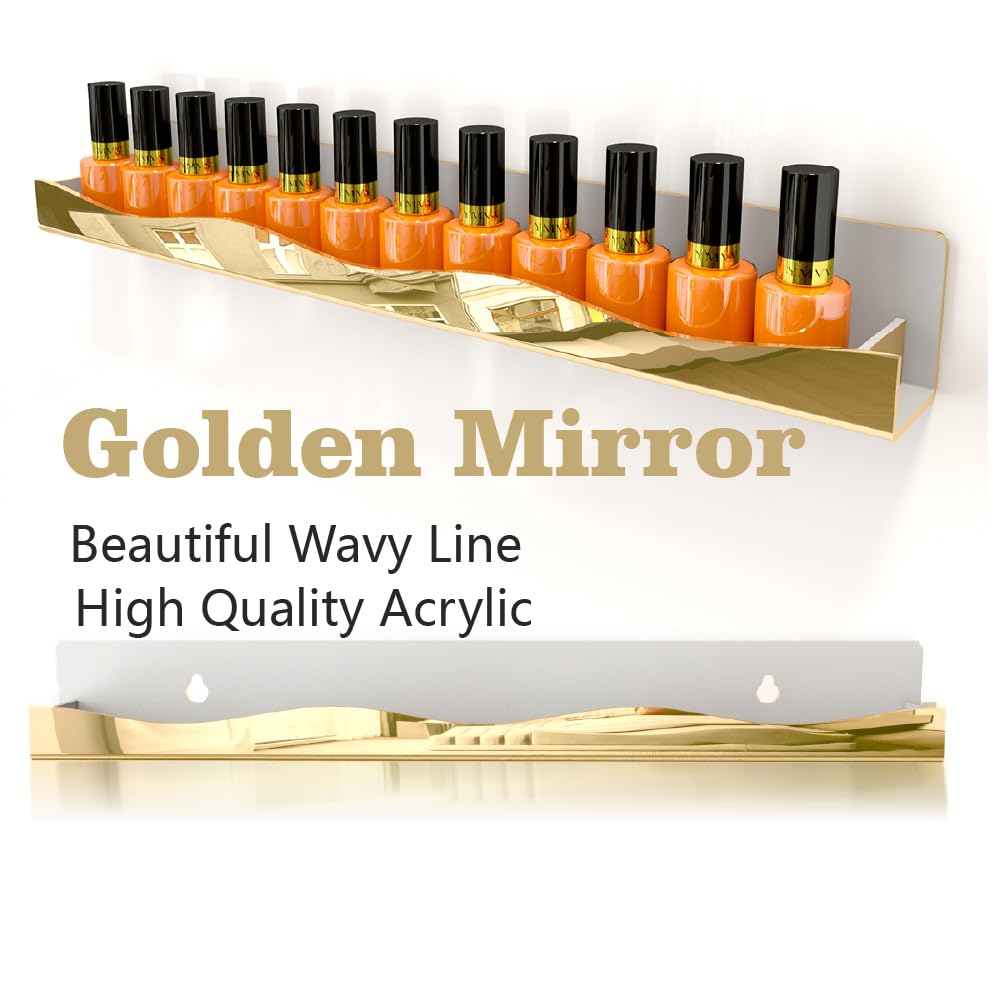 YMVV Wall-Mounted Nail Polish Organizer Rack - 15-Inch Gold Mirror Finish Nail Polish Shelf, Makeup & Beauty Essentials Storage - Multi-Purpose Display Holder for Small Space, Vanity Bathroom, 6 Pack