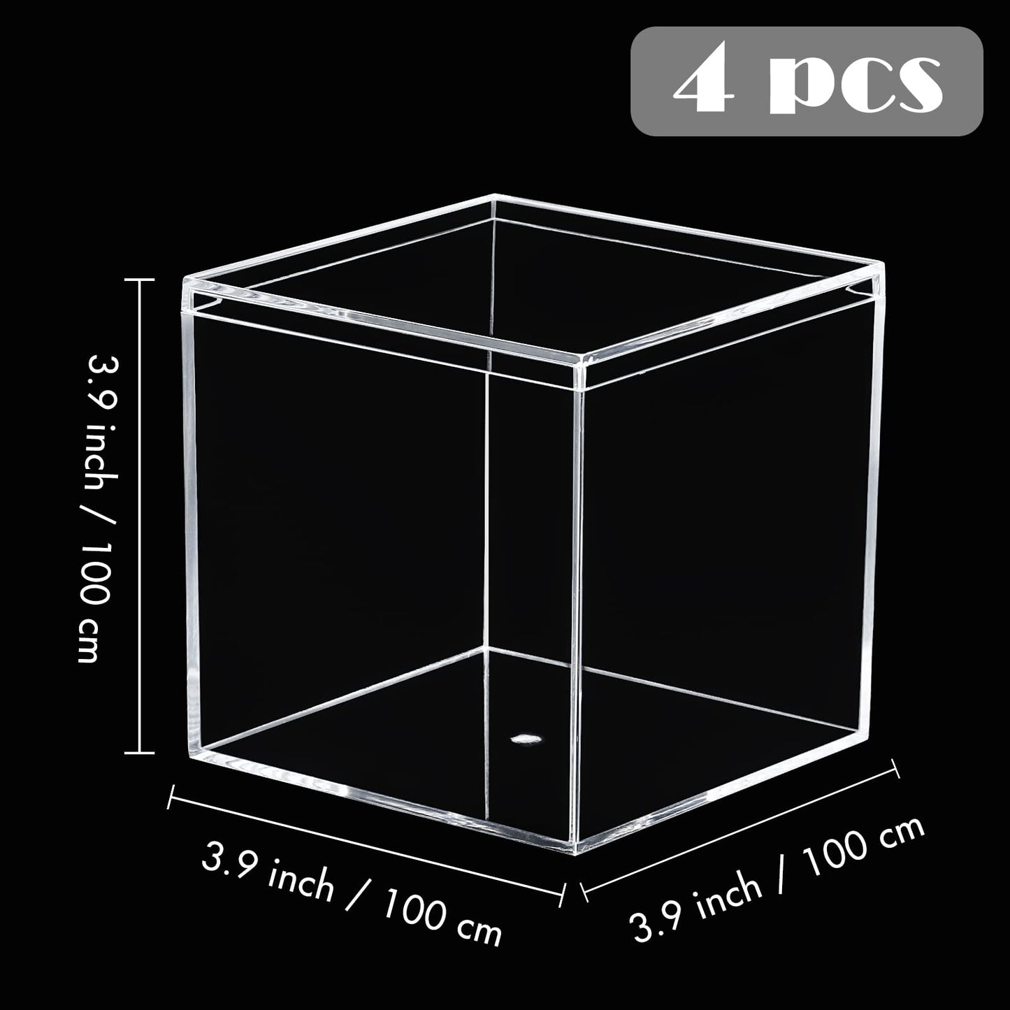 Kamehame Acrylic Boxes for Display 4 Pack Clear Plastic Square Cube, 3.9x3.9x3.9Inch/100x100x100mm Small Acrylic Box with Lid, Candy Pill and Tiny Jewelry Storage Boxes Organize Containers