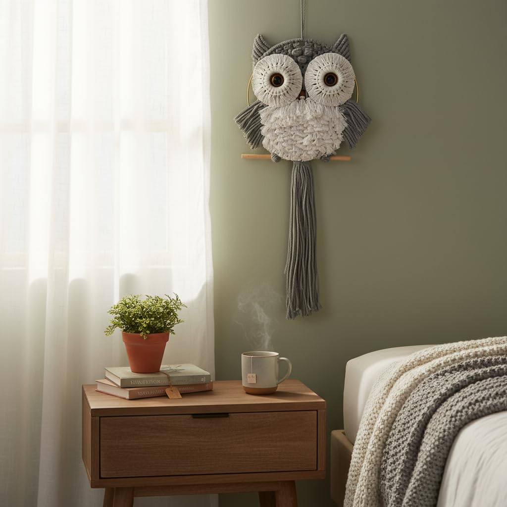 ACEDSGN Macrame Owl Wall Hanging Boho Hippy Decor, Handmade Tapestry Fiber Art Wall Decor for Nursery Bedroom Living Room, Sustainable Gift for Owl Lovers & Nature Fans