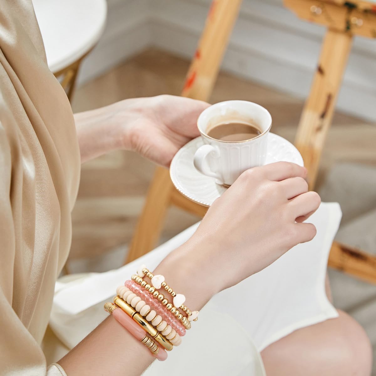GOOJIDS Simple Beaded Gold Plated Bangles Bracelet Chunky Bamboo Tube Curved Stacking Clear Acrylic Colorful Beads Stretchable Gold Plated Bracelets Set For Women