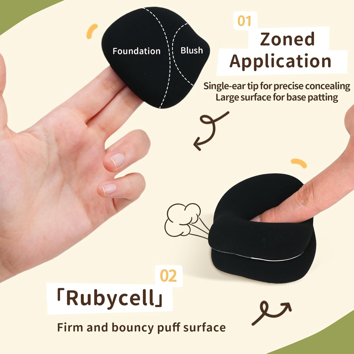 Lamb Toto Airy Marshmallow Puff,Makeup Sponge,Rubycell Material,Pointed Tip for Concealer + Flat Side for Foundation, Longwear Makeup, Travel Friendly & Reusable,2pcs Puffs & Storage Case