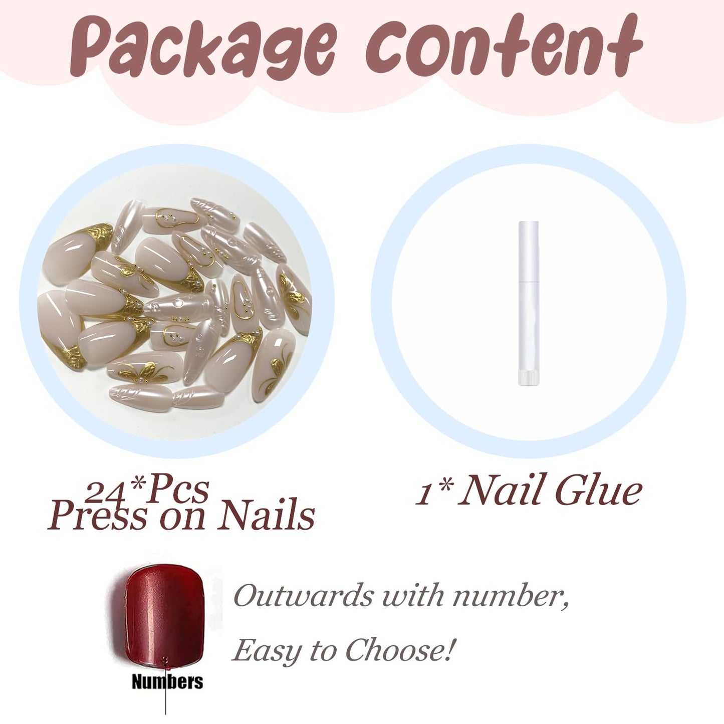 BABALAL Press On Nails, Medium Almond Fake Nails, White Full Cover,Gold Chrome 3d Flower Design, Pearl Swirl, Luxury Glossy Glue On Nails 24Pcs Reusable