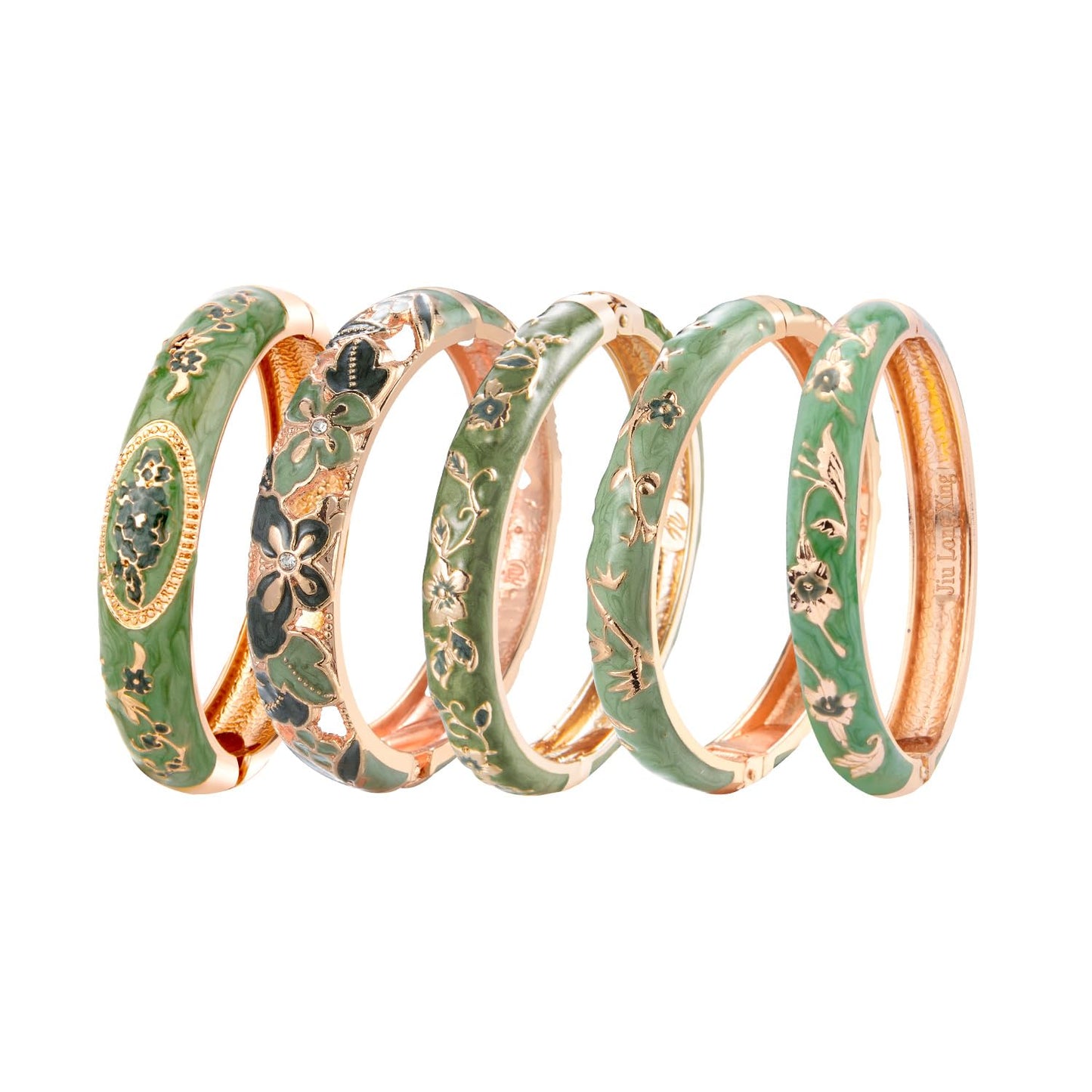 UJOY Bangles 5 Pcs Enamel Jewelry Set Rose Flower Engraved Cloisonne Bracelets Pack in a Box 5PCS Green