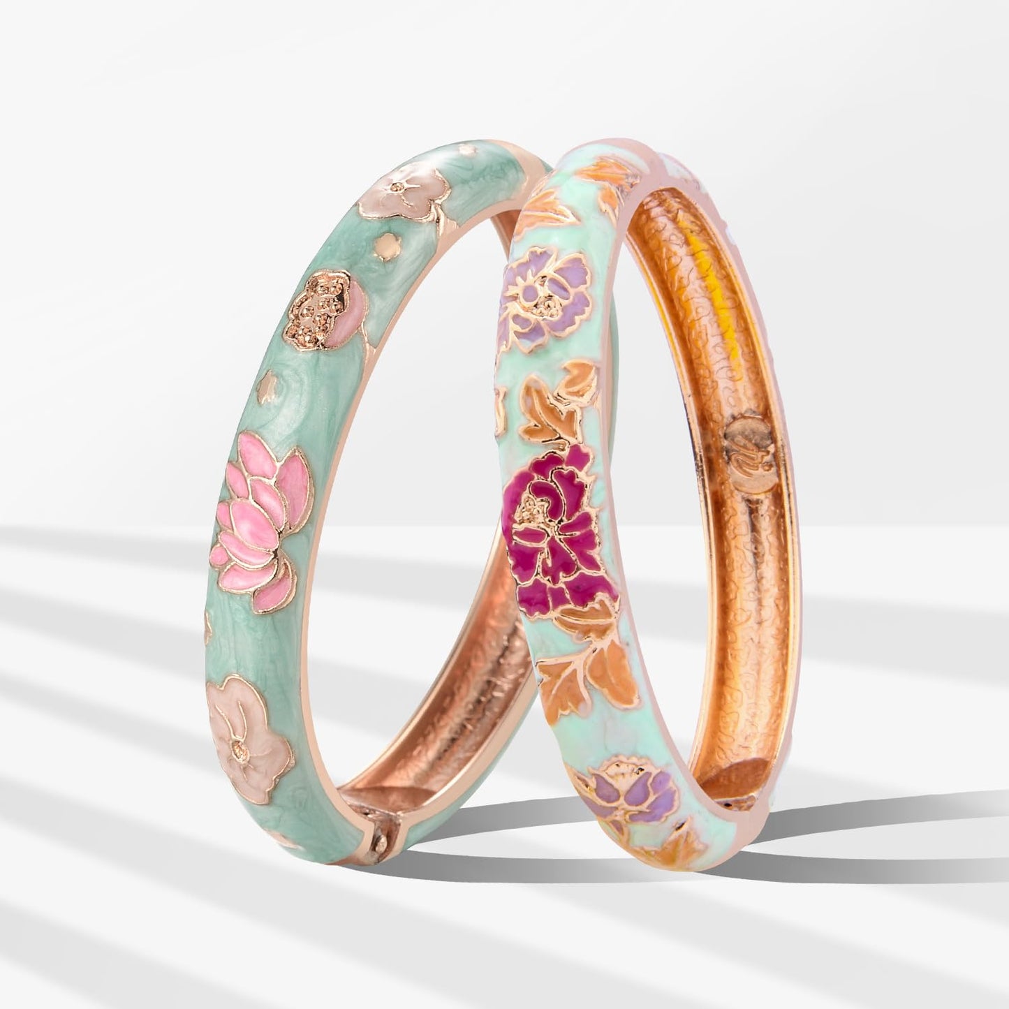 UJOY Vintage Cloisonne Bracelets Flower Enameled Jewelry Plated Cuff Bangle for Women Gift Box 55A35-55A113 Light Green