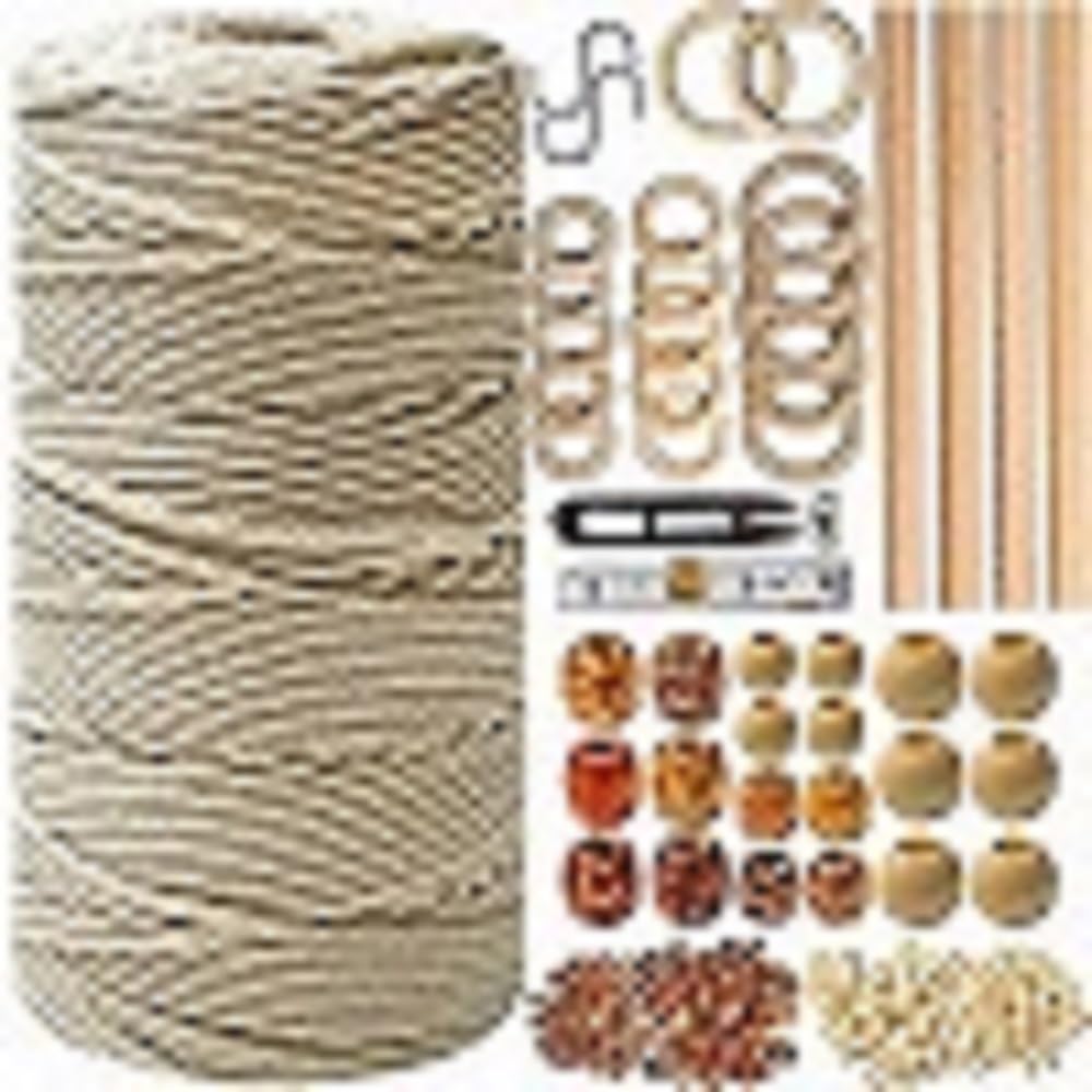 Macrame Kit for Beginners 227pcs – Macrame Wall Hanging Kit & Plant Hanger Kit, 225Y 3mm Cotton Cord, Wooden Beads Dowels Rings, DIY Craft Kit for Adults, Macrame Starter Kit Supplies