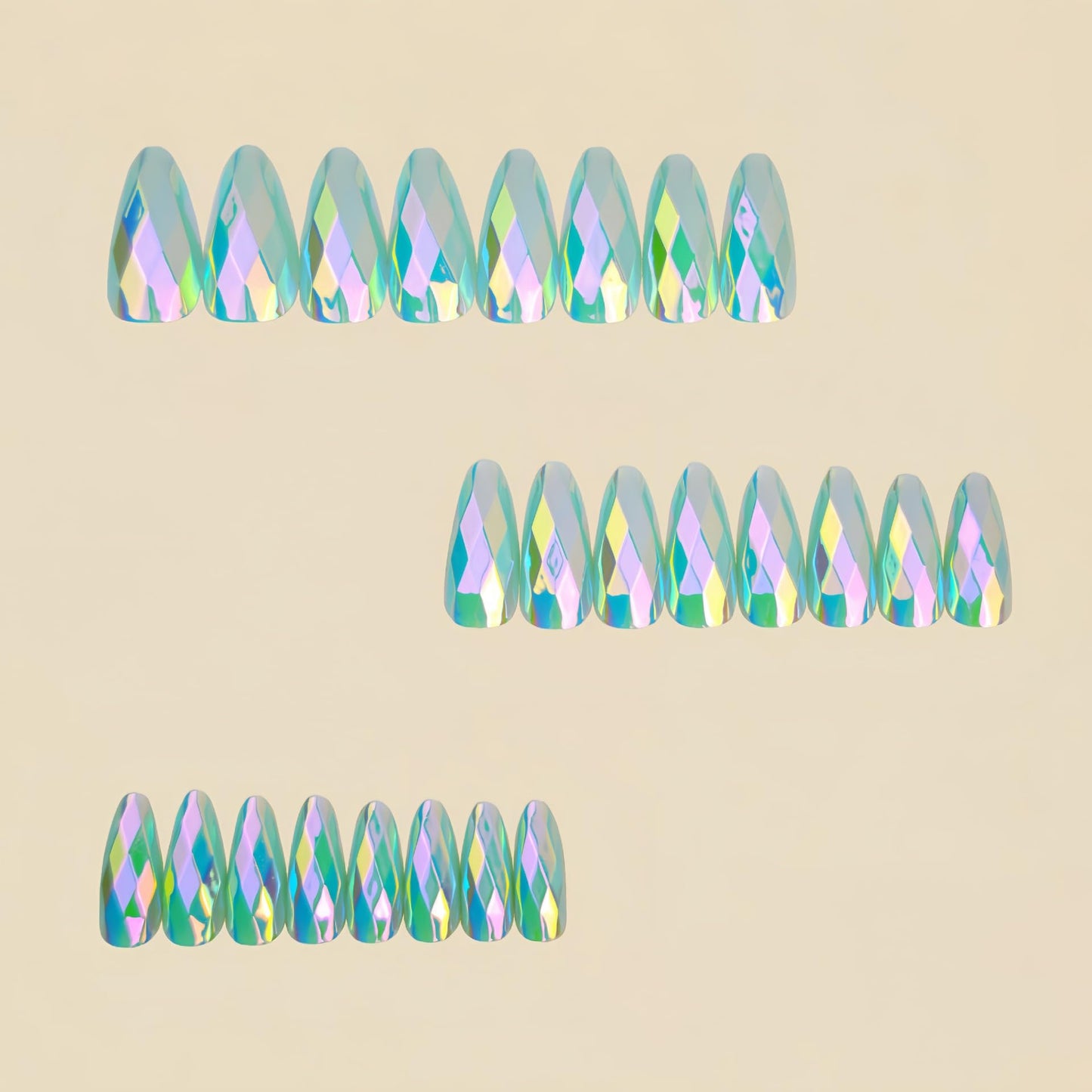 RUOKEXIN Almond Press on Nails Medium Length Fake Nails Light Blue Chrome False Nails with 3D Rhombus Designs Full Cover Nail Press ons Sparkly Artificial Nails for Women 24Pcs