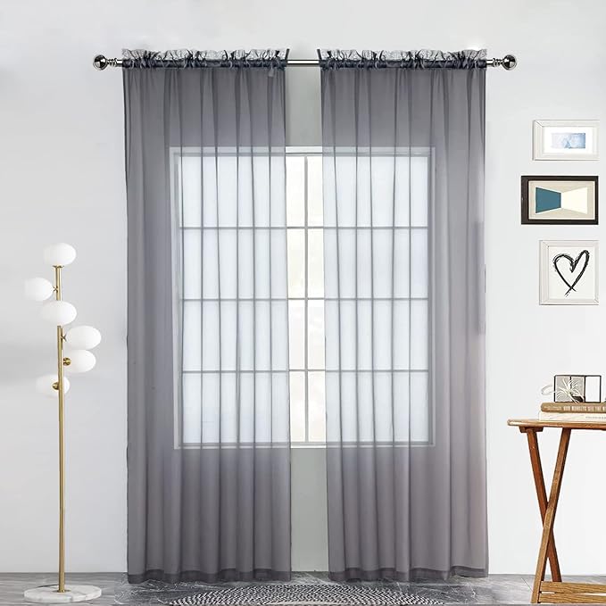 SpaceDresser Basic Rod Pocket Sheer Voile Window Curtain Panels White 1 Pair 2 Panels 60 Width 96 Inch Long for Kitchen Bedroom Children Living Room Yard(Grey,60 W x 96 L)