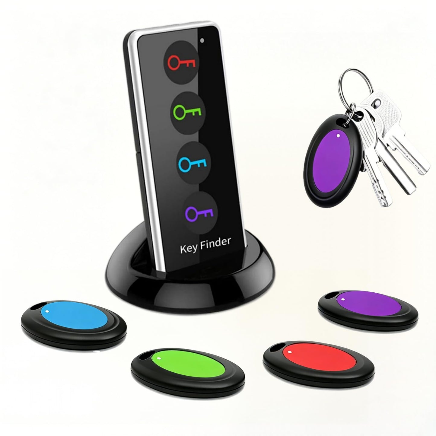 Key Finder Wireless RF Locator with 80dB+ Loud Beep & LED Light, 131ft Range, No App Needed, 1 RF Transmitter & 4 Receivers, Item Tracker for Keys, TV Remote, Wallet, Pet, and Glasses