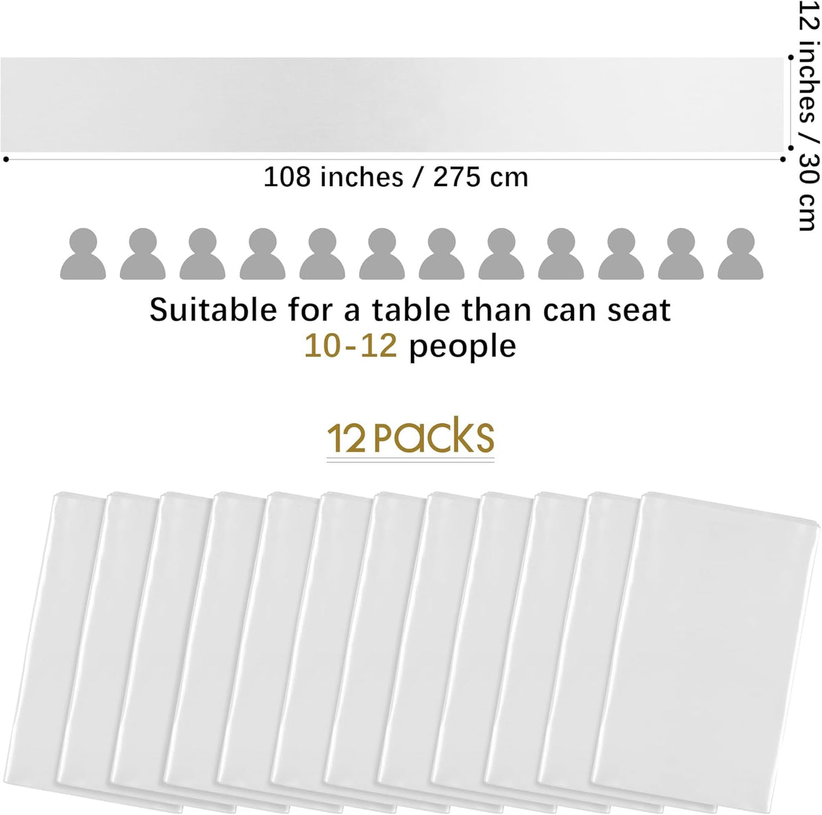 Aneco 12 Pack Satin Table Runner 12 x 108 Inch White Long Wedding Satin Silk Table Runner for Wedding Banquet Graduations Birthday Party Decoration