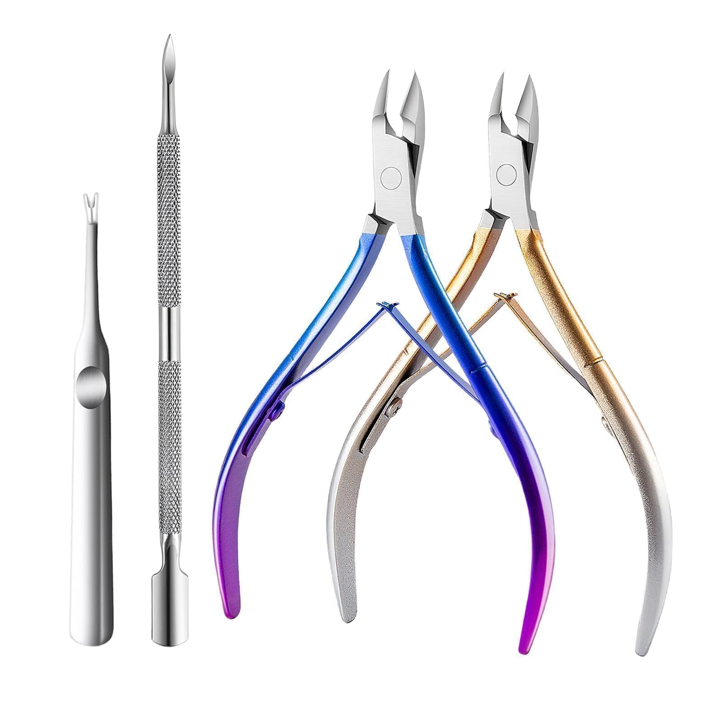 Cmetta Cuticle Nipper, Polished Coated Durable Trimmer with Pusher, Nail Clipper with Fine Edge, Comfort Grip Cuticle Cutter and Remover Tool Kit for Nail Care (Yellow+ Blue+ Pusher)