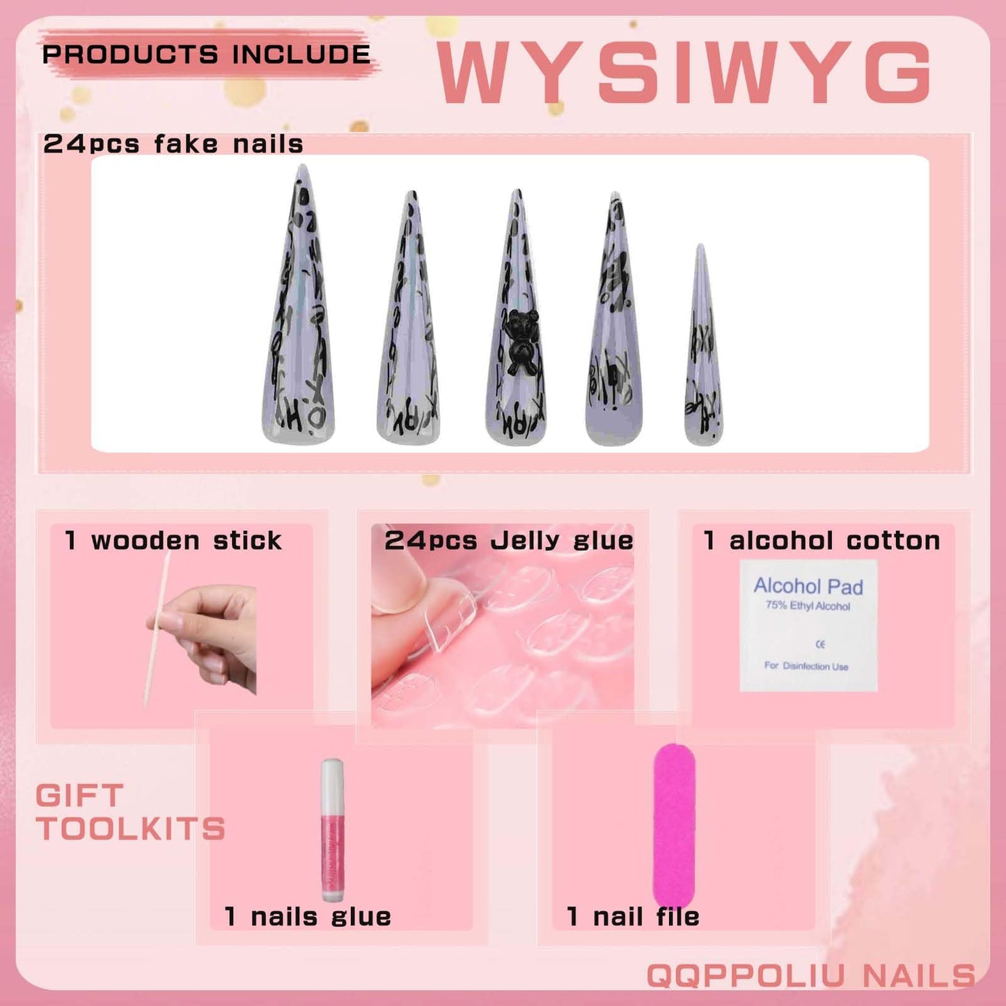 QQPPOLIU Extra Long Press On Nails with Designs Fake Nails XL Long Nails Grey Acylic Nails for Women and Girls