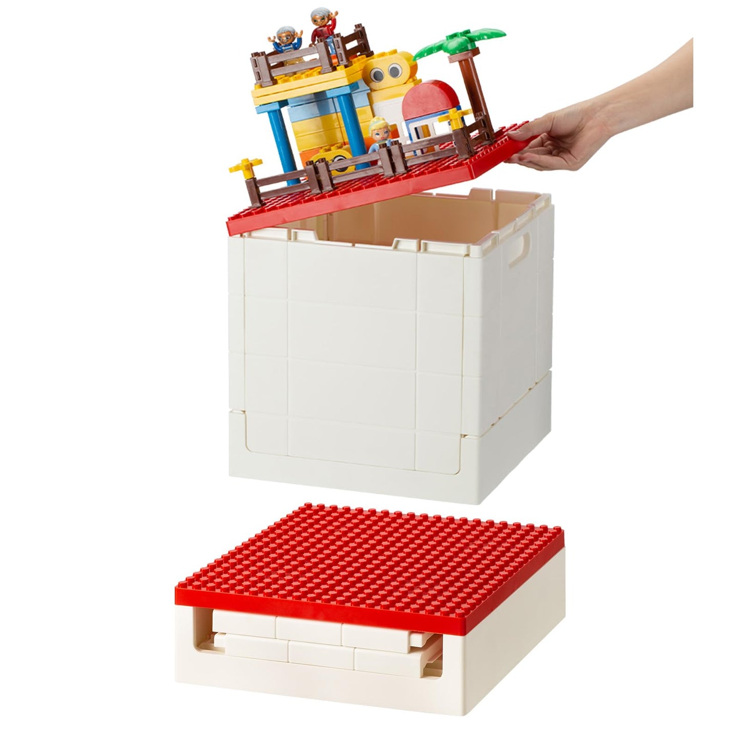 SHIMOYAMA Collapsible Storage Box with Building Baseplate Lid for Duplo Blocks, 26 Qt. Stackable Bricks Storage Bins for MEGA BLOKS, 25L Folding Utility Container for Lego Duplo Bricks, Red