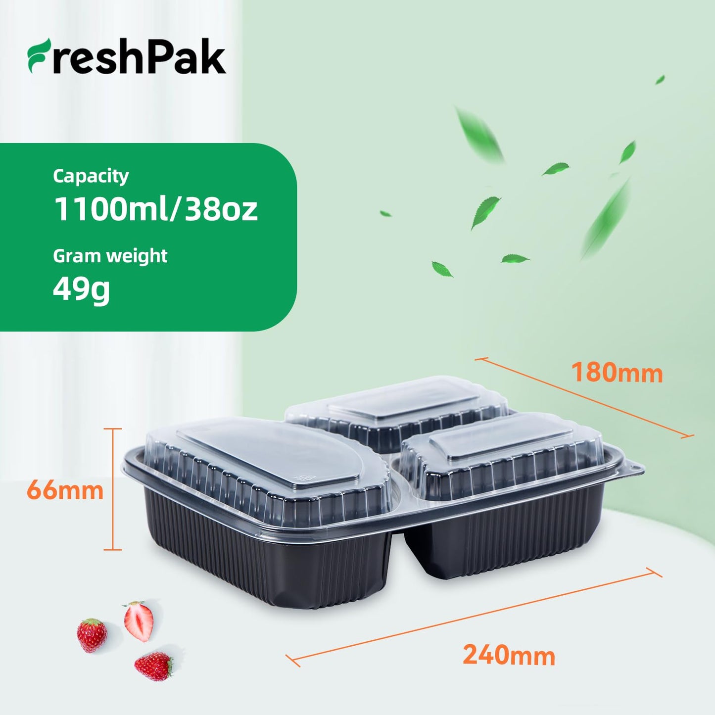 FRESHPAK Food Containers Reusable 40 Pack 38oz - Shrink Wrap Leakproof | Portion Control Leftover Plastic Container with Lid | BPA Free Freezer & Microwave Safe Meal Prep | 3 Compartment Takeout Boxes