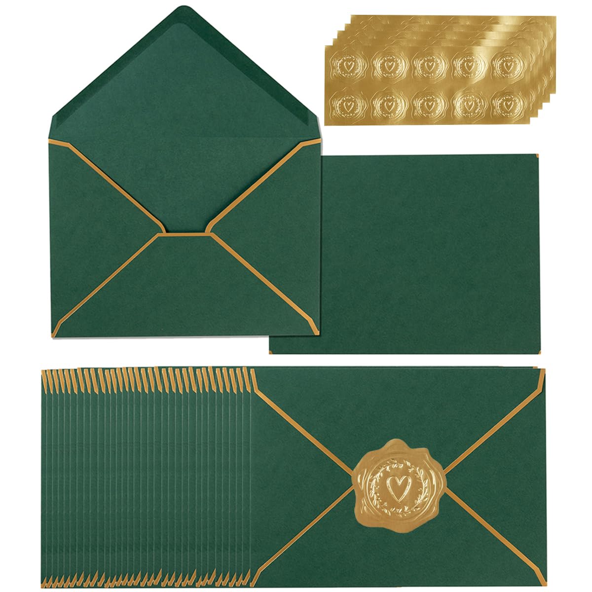 100 Pack A7 Envelopes 5 x 7 Card Envelopes V Flap with Gold Border for Office, Wedding Gift Cards, Invitations, Graduation, Baby Shower, Parties (5.32 x 7.28 Inches, Dark Green)