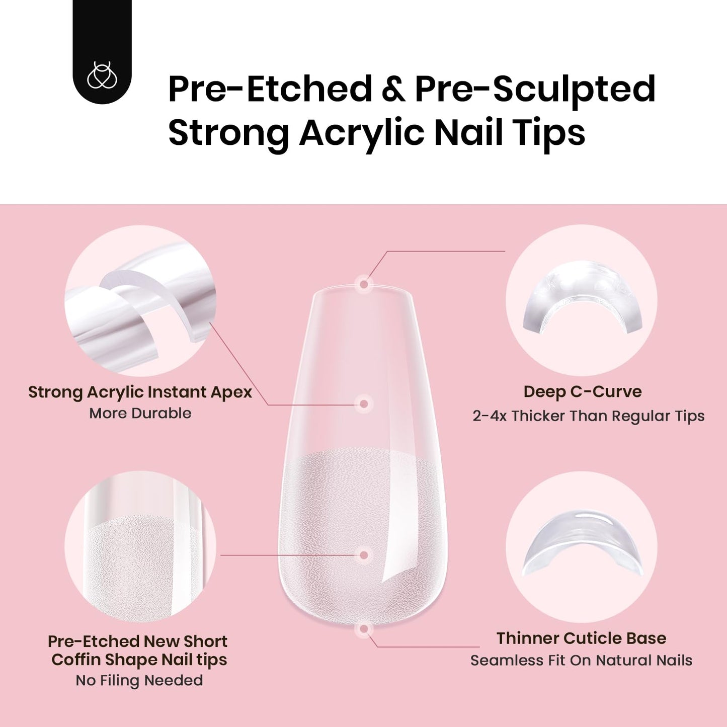 Beetles Tipex Instant Apex Nail Tips Short Coffin Shape 512 Pcs Pre Etched Fake Nails Tips Thick Acrylic Nail Pre Builder Gel Press-on Nails