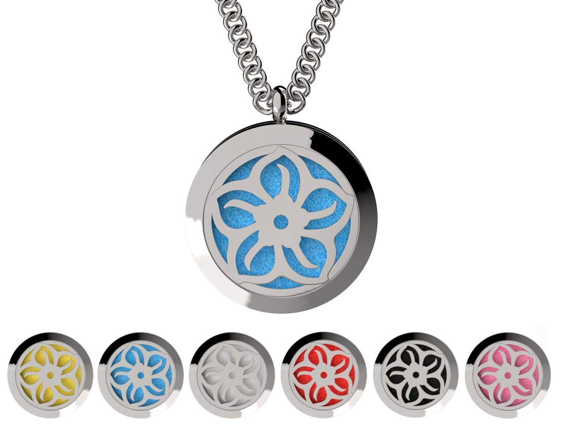Wild Essentials Lotus Flower Essential Oil Diffuser Necklace, Stainless Steel Locket Pendant with 24 inch Chain, 12 Color Refill Pads, Customizable Color Changing Perfume Jewelry for Aromatherapy