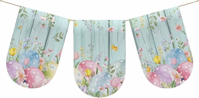 Easter Eggs Banner 3Pcs Indoor Outdoor Hanging Banner Flag Spring Daisy Eucalyptus Leaves Teal Wooden Sign for Fireplace Mantel Decorative Bunting Garland Valance for Shop Door Mantle Decor 7.9"x11.8"