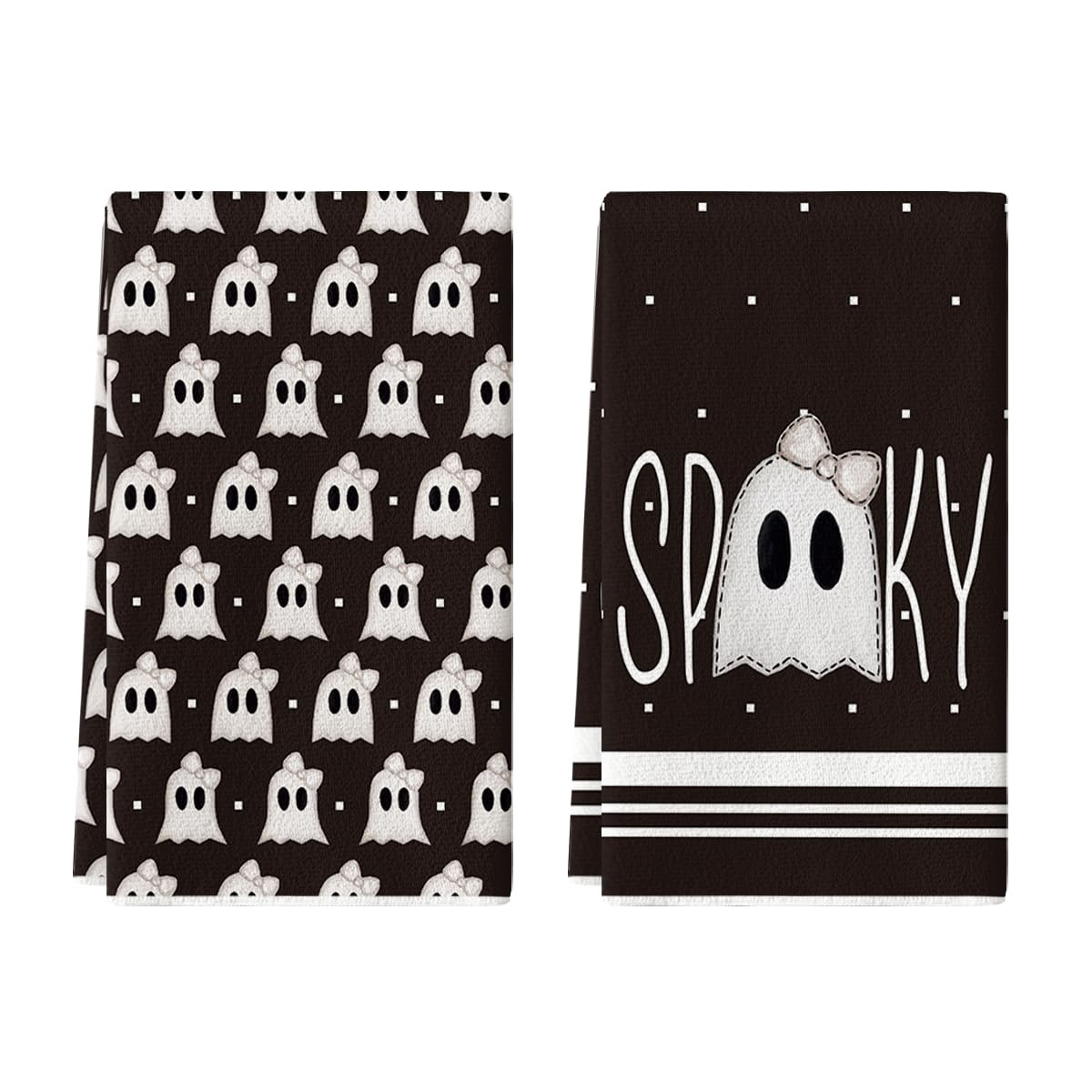 Artoid Mode Black Ghost Spooky Halloween Kitchen Towels Dish Towels, 18x26 Inch Bow Knot Decoration Hand Towels Set of 2