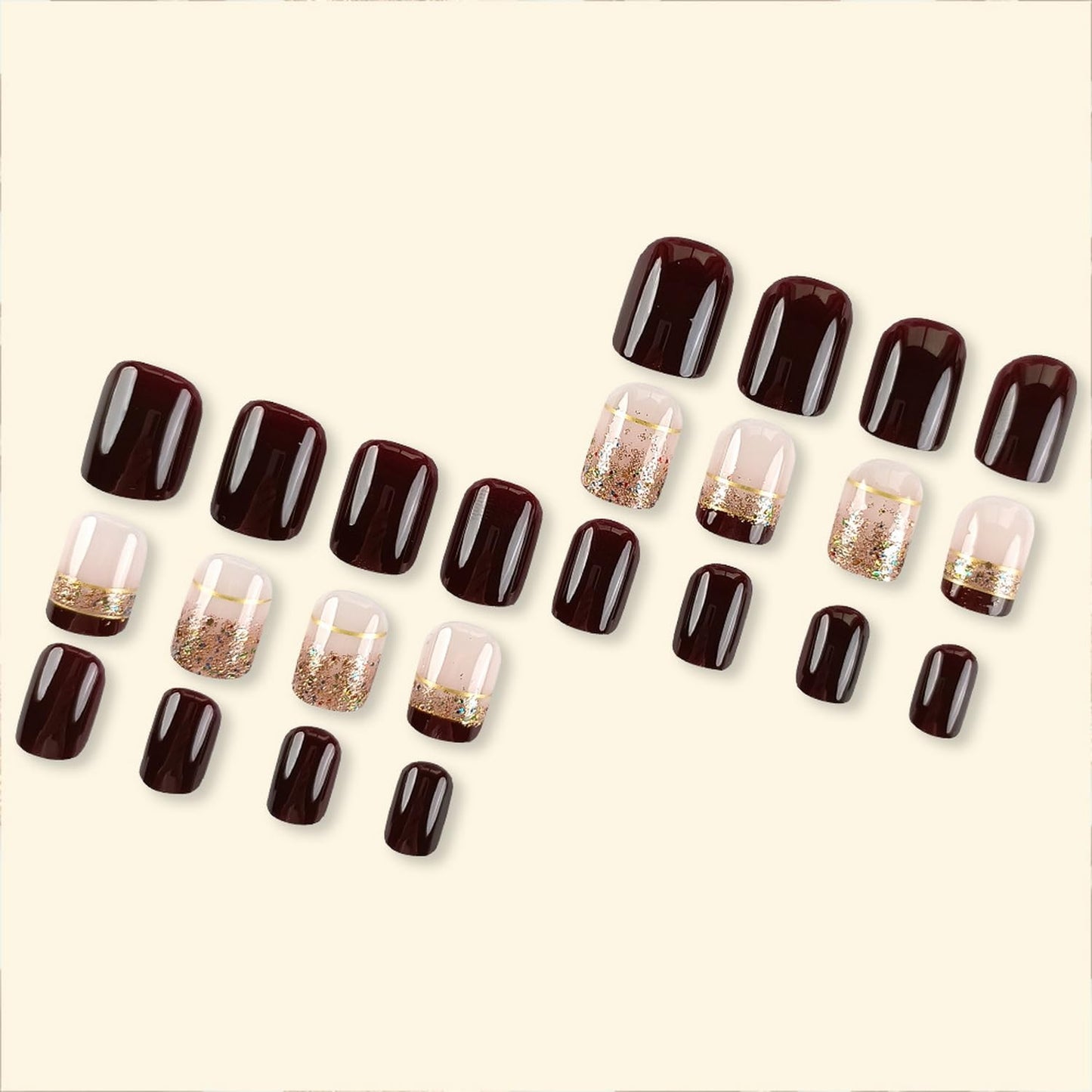 Fall Press on Nails Short Brown Fake Nails Glossy Full Cover Square False Nails with Glitter Design Stick on Nails for Autumn Press ones Reusable False Nails for Women Girls DIY Manicure 24Pcs