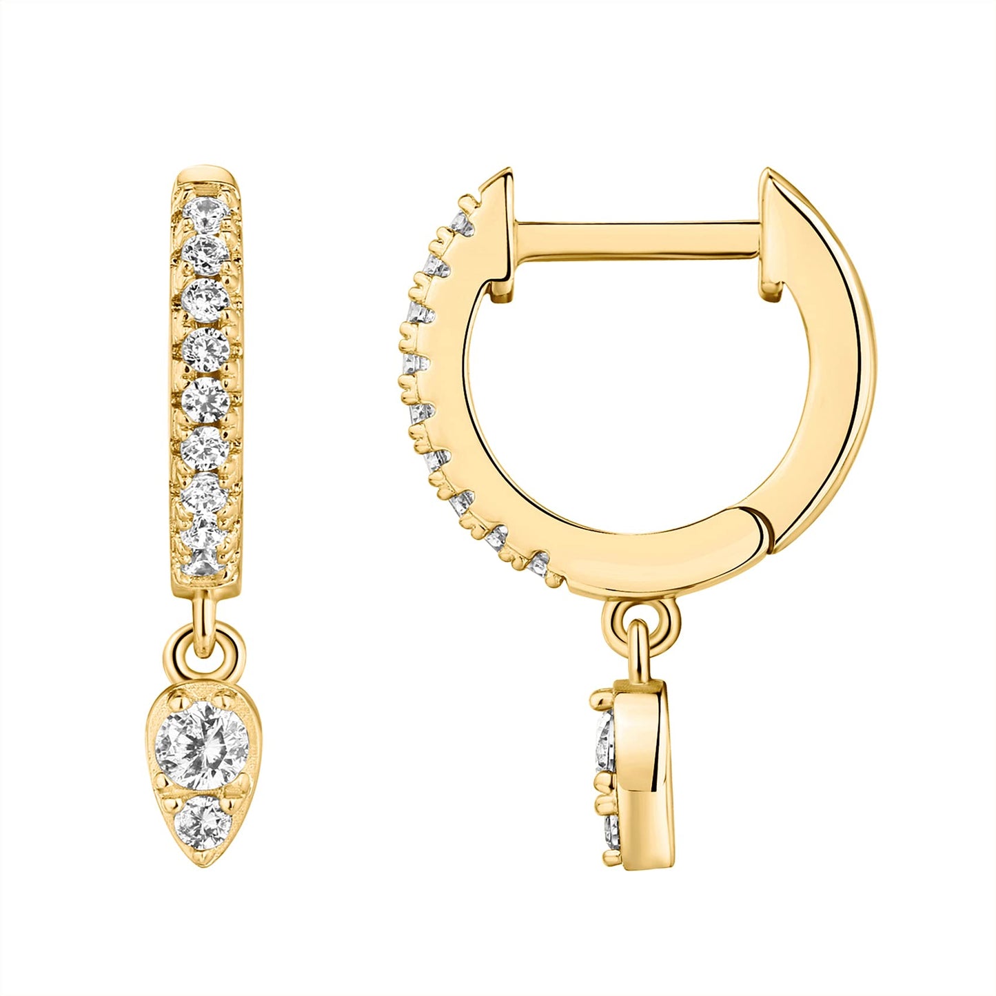 PAVOI 14K Yellow Gold Plated 925 Sterling Silver Post Small Hinged Huggie With Dangle | Trendy Tear Drop Shaped Cubic Zirconia Dangle Hoop Earrings For Women