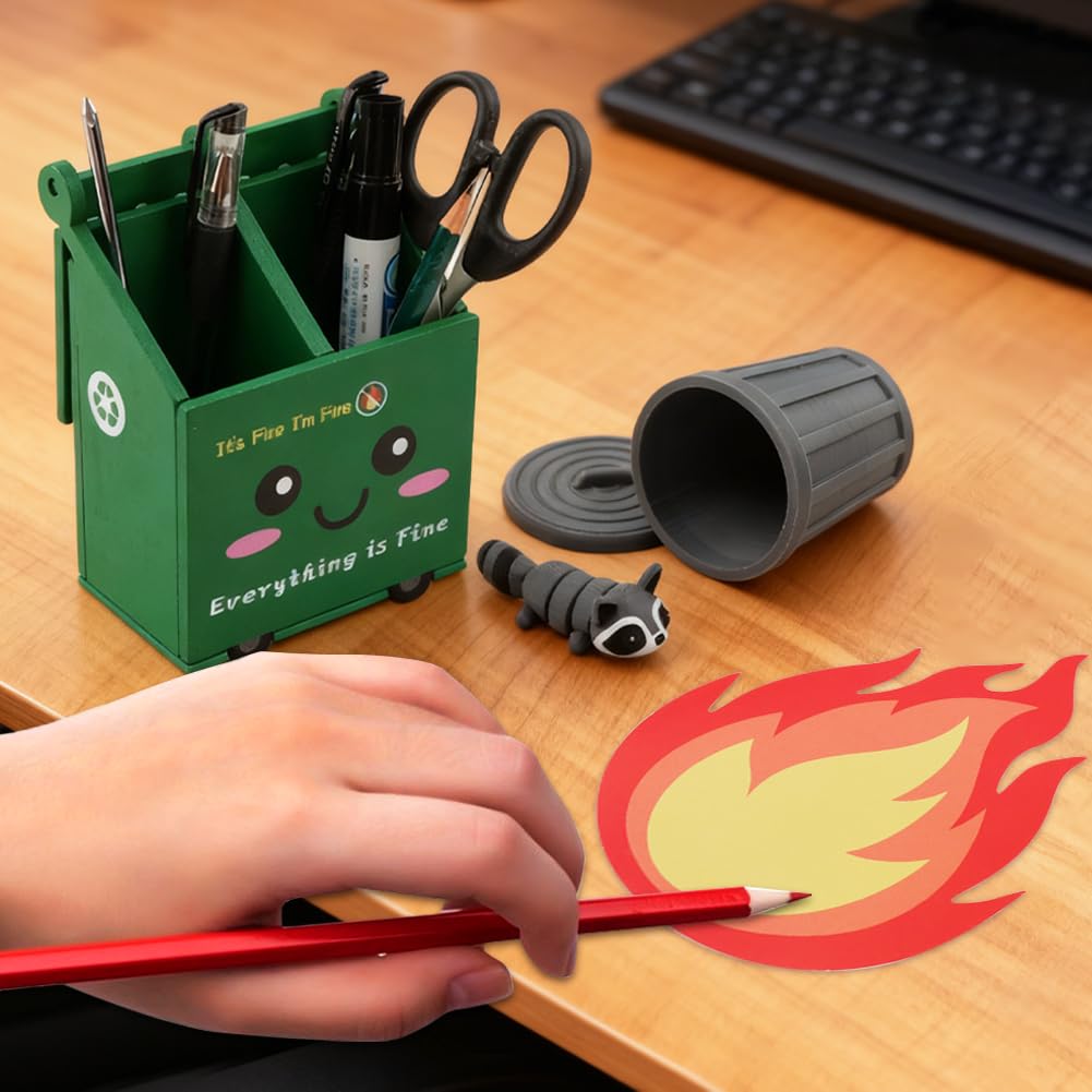 Trivolein Dumpster Fire Pencil Holder with 50 Pcs Flame Note Cards, Funny Dumpster Fire Desk Organizer, Cute Desk Organizer for Office, White Elephant Gag Gift for Coworkers, Men, Women
