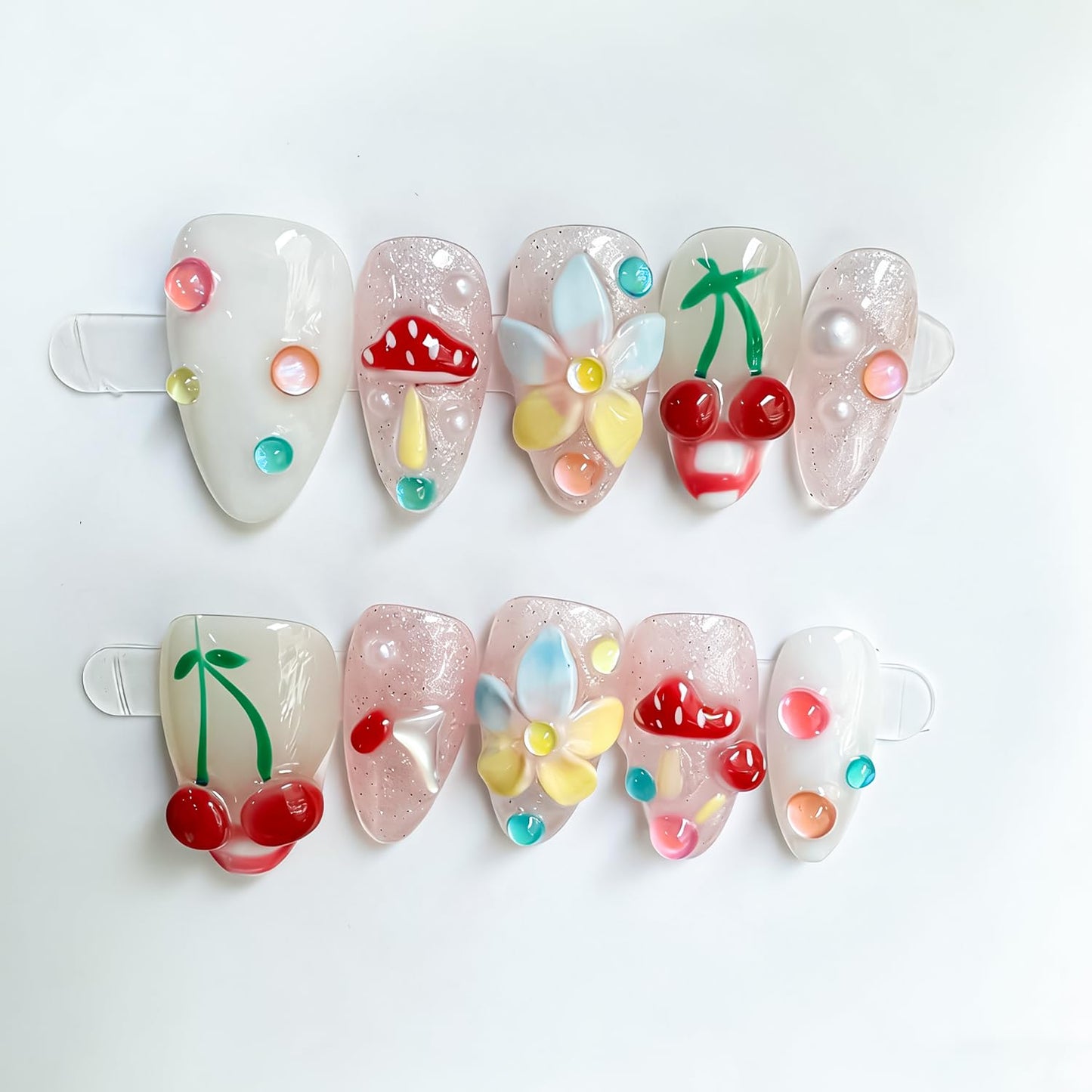 Short Almond Press on Nails Luxury Handmade Nails with Glue,3D Cherry Mushroom Rhinestone Designs False Nails Handmade Nail Press ons Muti-Layer Gel French False Nails for Women (Size S)