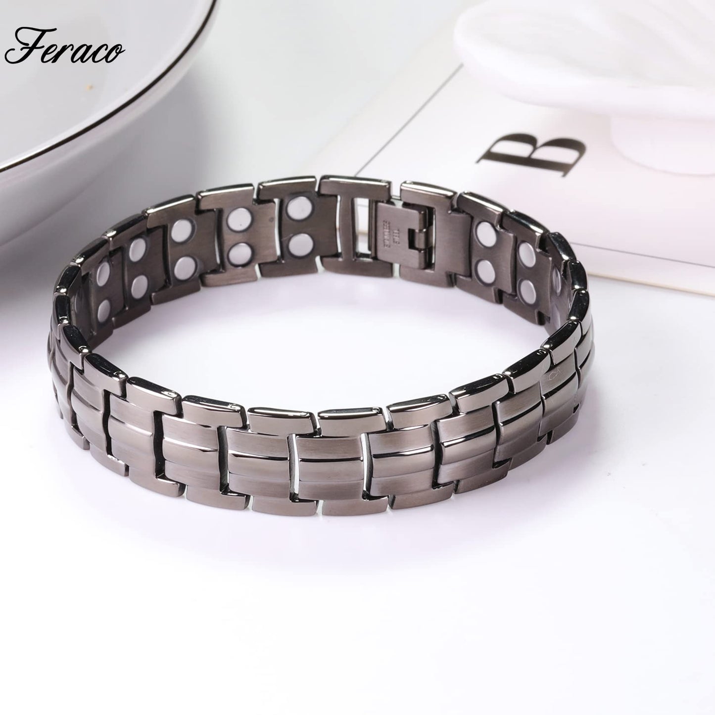 Feraco Magnetic Bracelet for Men Titanium Steel Bracelets with Double Row Magnets Adjustable (Gray)