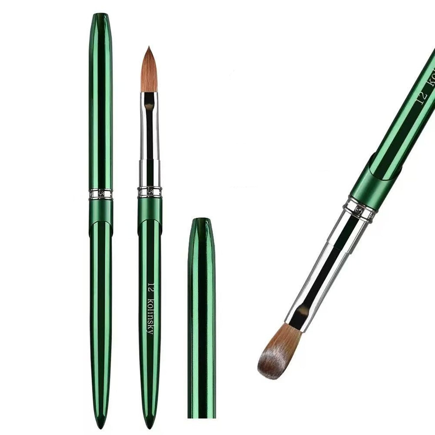 100% Kolinsky Nail Art Brushes Acrylic Nail Brushes Pure Kolinsky Hair Acrylic Crystal Chrome Green Handle with Silver Ferrule Round Shaped for Women Girls Manicure Tools Accessories-Size 12