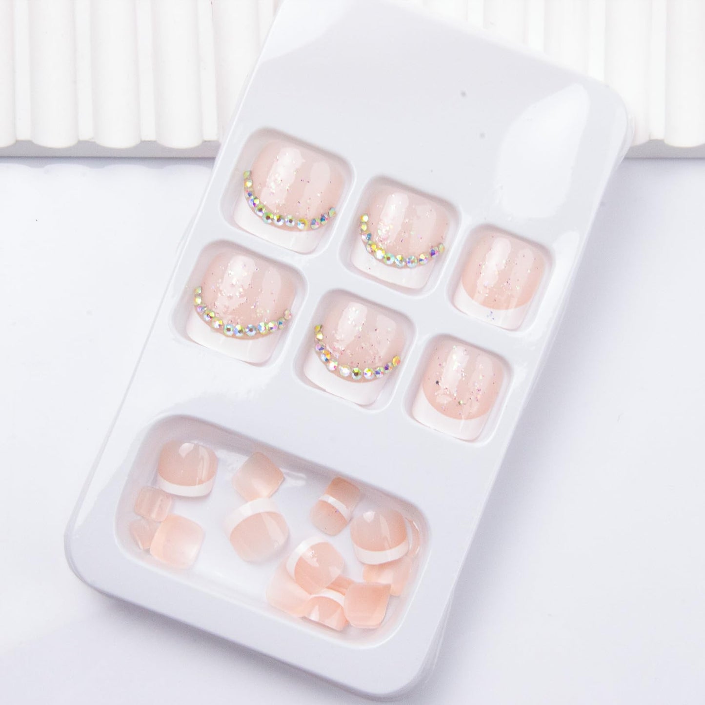 French Tip Press on Toenails Short Suqare Fake on Toe Nails Rhinestones False on Toenails Glossy Acrylic Toe Nails Glitter Full Cover Stick on Nails for Wome