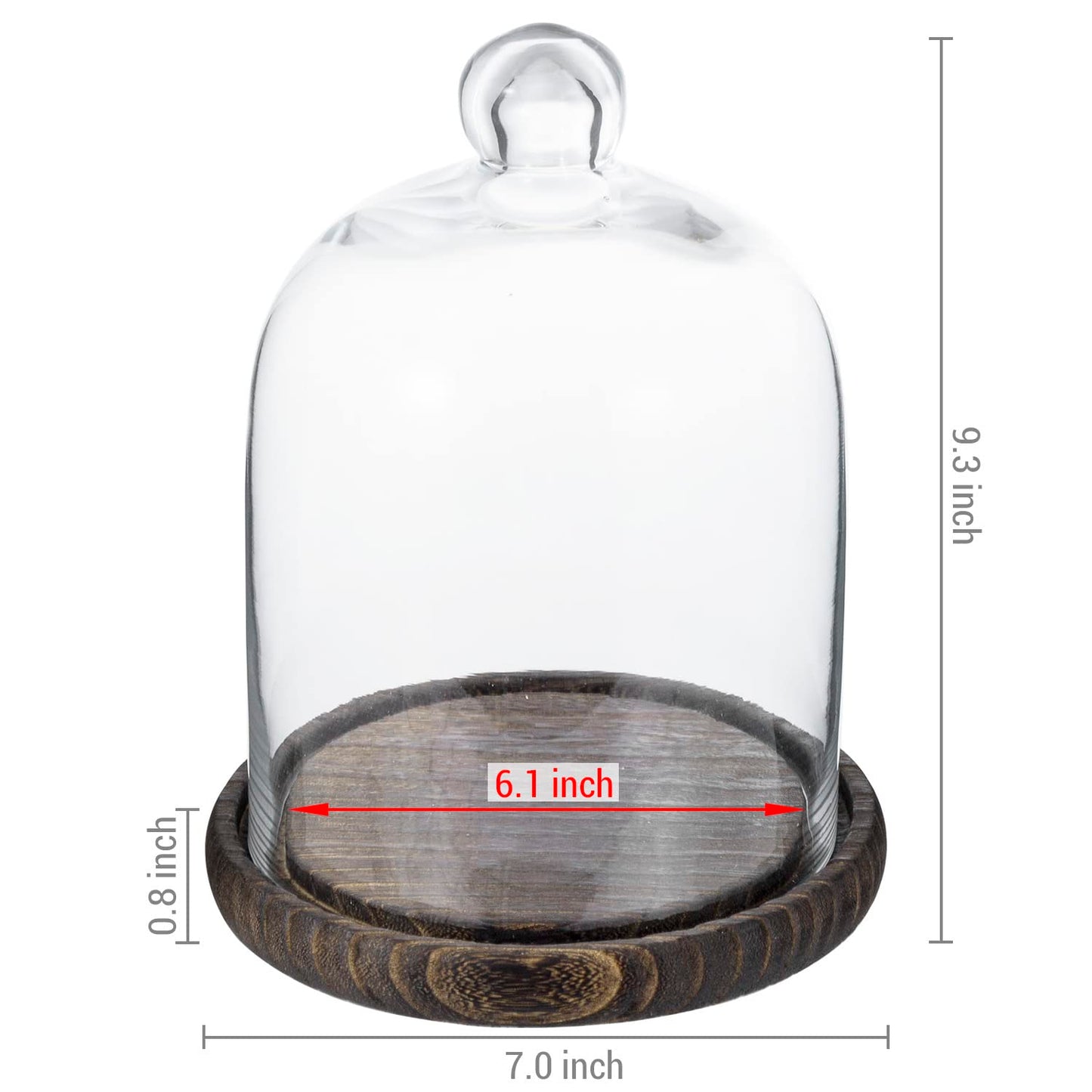 MyGift Clear Cloche Glass Dome,9 Inch Display Bell Jar with Top Handle and Rustic Brown Solid Wood Base
