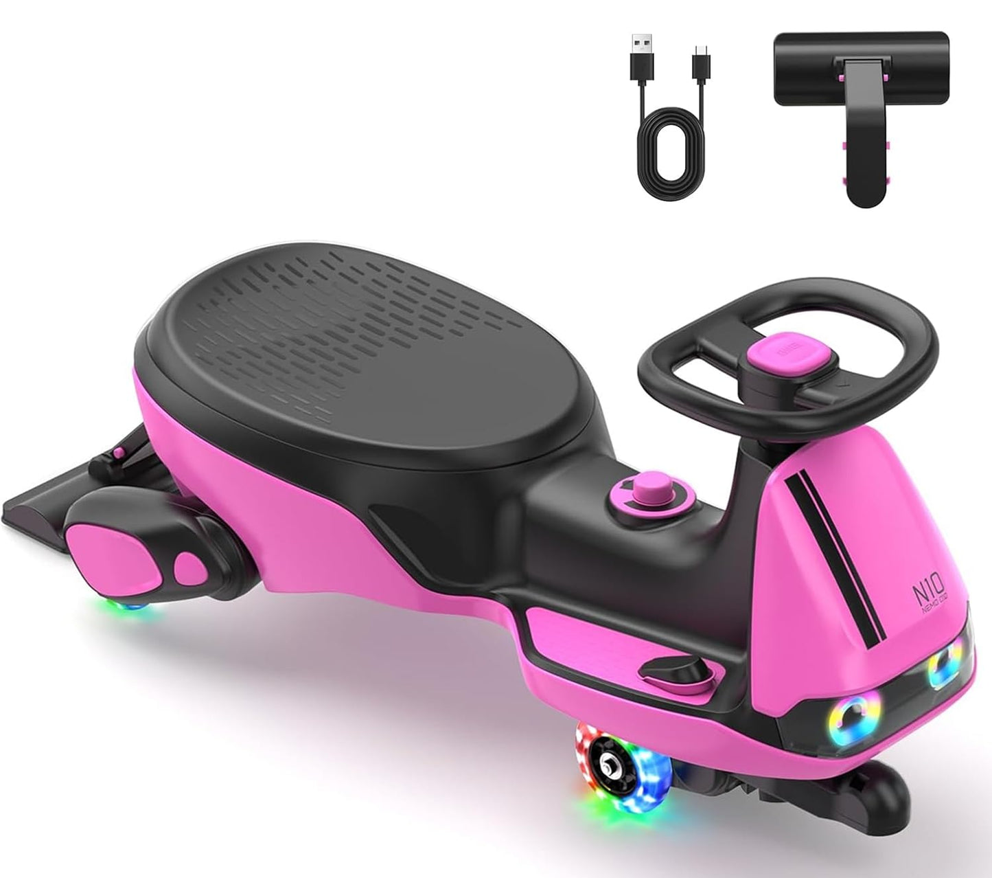 FanttikRide N10 Classic Electric Wiggle Car with Pedal, Type-C Rechargeable Battery, One-Click Detachable Mop, GlideWiz, Anti-Rollover, Flashing Wheels, Bluetooth, Ages 3+, 150 Lbs, Pink