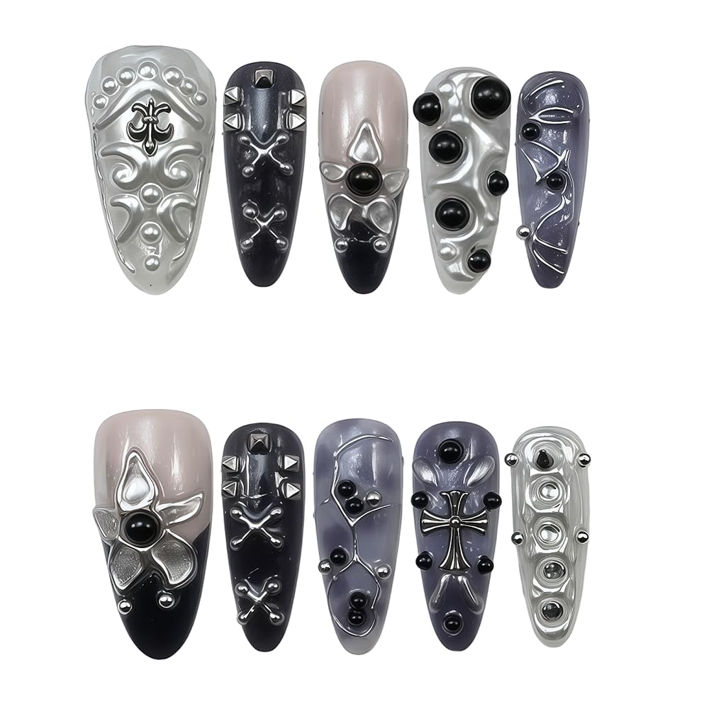 WZHAOJUN Handmade Press On Nails,Medium Black Gothic Presson Nails For Women,10pcs Abs Material Fake Nails With Design-Reusable Glue On Hand Made Nails For Party Wedding(10Pcs Size M)