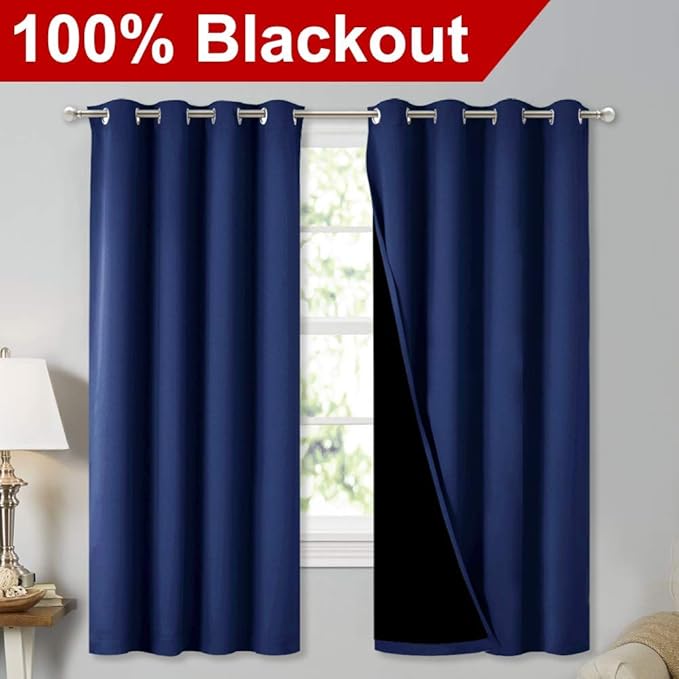 NICETOWN Extra Long Truly Blackout Drapes for Hall and Villa, 46" Width Each Panel, 45" Length, Royal Blue, 2 Pieces, 100% Blackout Window Curtain Panels with Black Lined for Night Shift Worker
