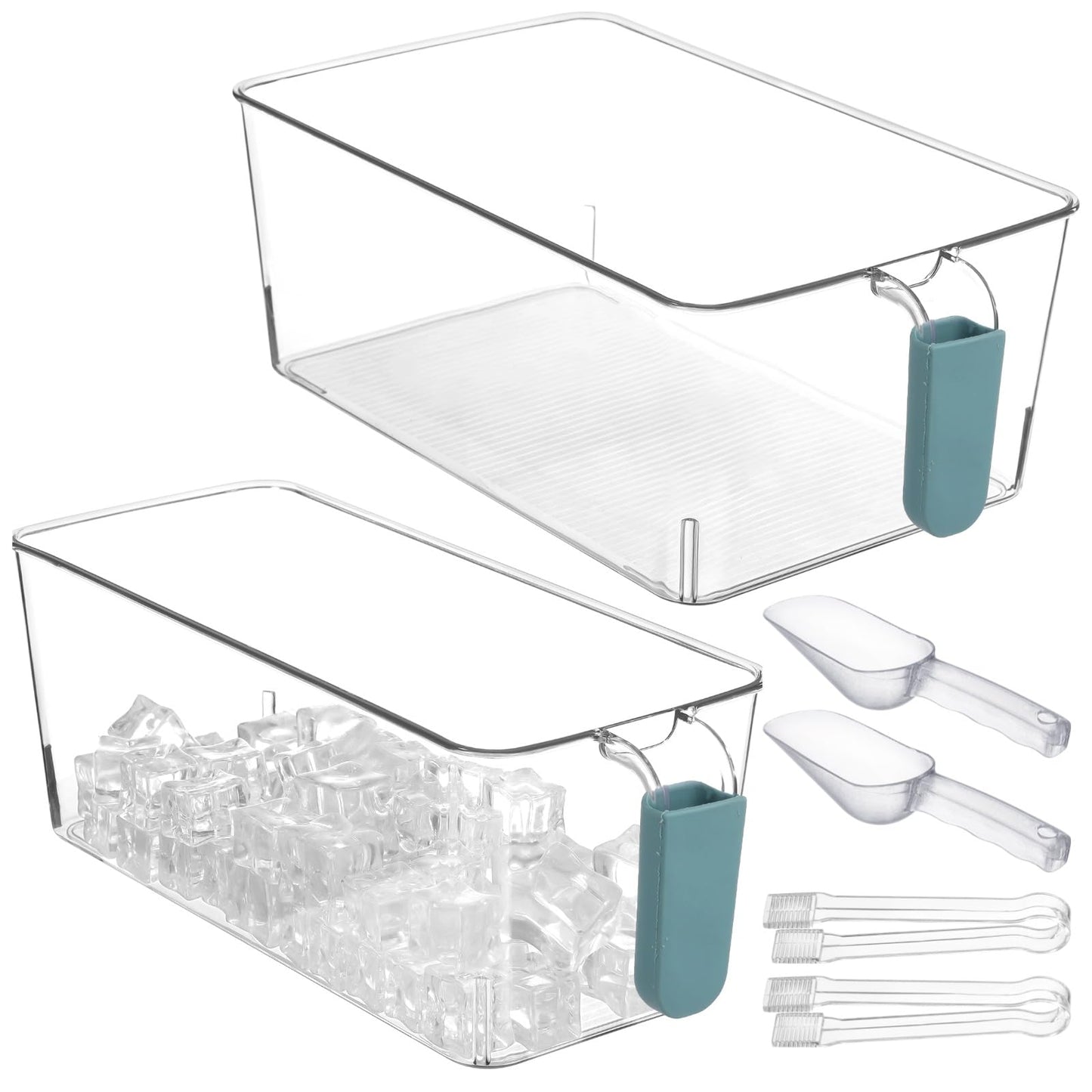 2 Pcs Ice Bin with Scoop and Tong, Ice Bucket with Handle for Freezer, 2 Sizes Clear Plastic Ice Container for DIY Drink Summer Party, 12.2 x 6.9 x 4.3 in, 12.2 x 4.9 x 4.3 in, Cyan