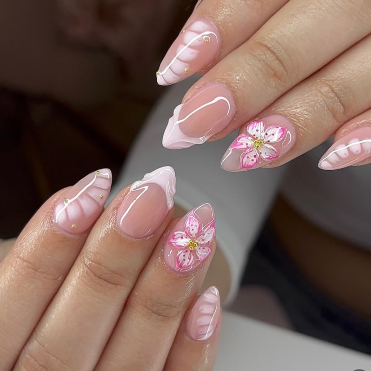 3D Press on Nails Pink Flowers & Alligator Design Short Almond Fake Nails French Tip False Nails Full Cover Glossy Spring Summer Stick on Nails for Women 24PCS